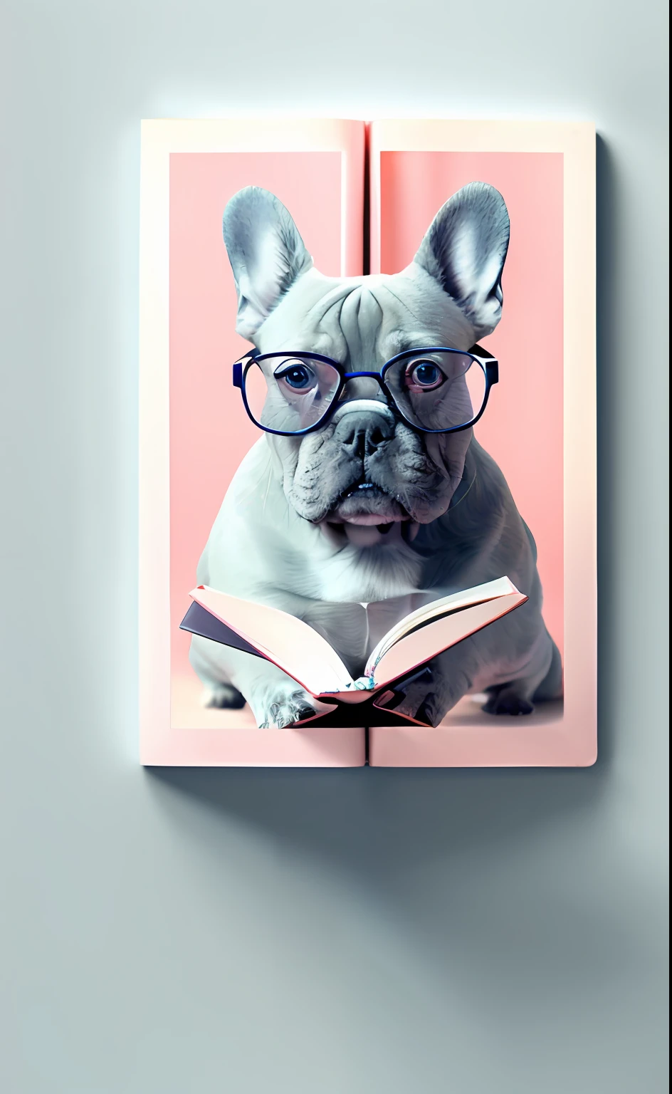 Handsome French bulldog with dreamy eyes and glasses reading a book, surround light, A hyper-realistic, intricate detials, illustartion, painting, watercolour, Shallow depth of field, pastel color palette, soft-lighting, minimalistic, contemporary, digitalpainting, very detailled