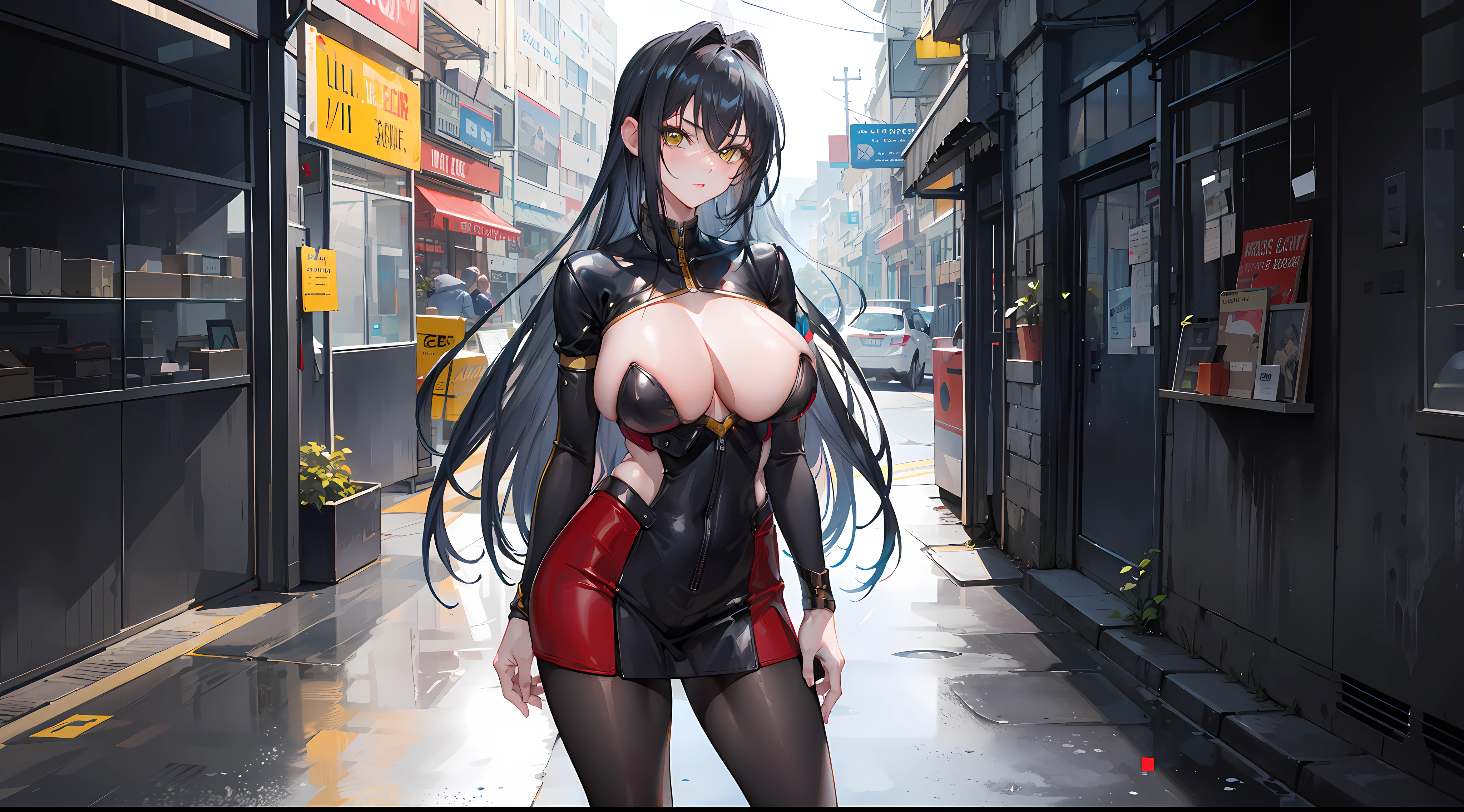 professional artwork, Intricate Details, field of view, sharp focus, detailed painting, photorealistic lighting, trending on pixiv, Standing at attention, black outfit ,yellow collared shirt,black and red bodysuit,skin_tight,black legwear, black pantyhose, Side_boob, black hair,very long hair, Bangs,yellow eyes,makeup, lipstick, 20yo,mature female,Beautiful Finger,Beautiful long legs,Beautiful body,Beautiful Nose,Beautiful character design, perfect eyes, perfect face, looking at viewer,official art,extremely detailed CG unreal engine 8k wallpaper, perfect lighting,Colorful, Bright_Front_face_Lighting, (masterpiece:1.0),(best_quality:1.0), ultra high res,4K,ultra-detailed, photography, 8K, HDR, highres, absurdres:1.2, Kodak portra 400, film grain, blurry background, (Beautiful,large_Breasts:1.4), (beautiful_face:1.5),(narrow_waist), (solo:1.4), ((landscape dimension)), rich detailed makeup, rich detailed eyeshadow, rich detailed lips, rich detailed lipstick, eyes lens, beautiful eyes lens, ultra detailed eyes