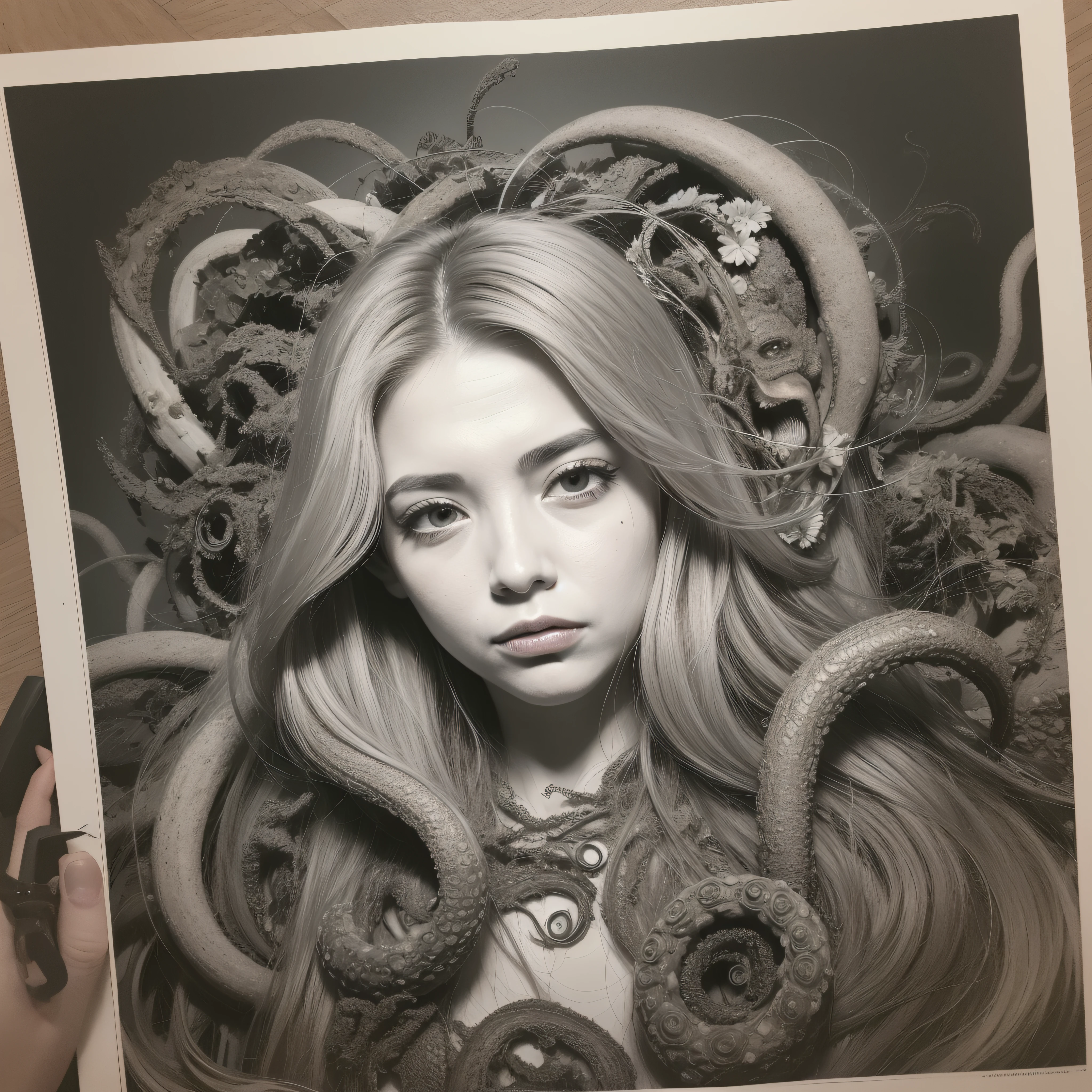 (extremadamente detallado, obra maestra, La mejor calidad), Estilo oscuro, intense illumination, una persona siendo atacada por una medusa gigante, rostro con arrugas, lengua larga, tentacle, deforme, monstruoso, interior de una piscina de agua verdosa, imagen submarina, alien con Colmillos finos, pico de pulpo amenazante. manchas de tinta. Rococo composition. Luz de caravaggio