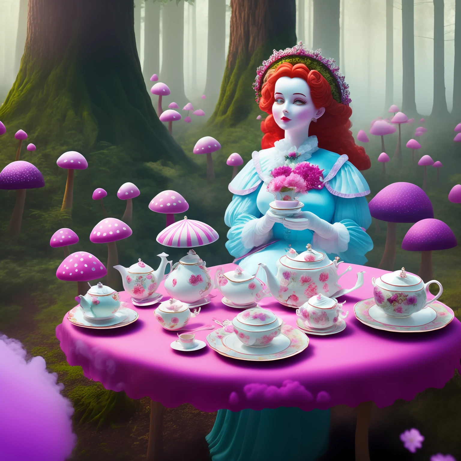wide angle the queen of hearts takes tea in wonderland forest her hair is red her eyes are green the table is full of plates cups and embroidered napkins somewhere there are giant pink purple and light blue flowers with big petals a white-light blue smoke comes from a giant mushroom far away --auto --s2