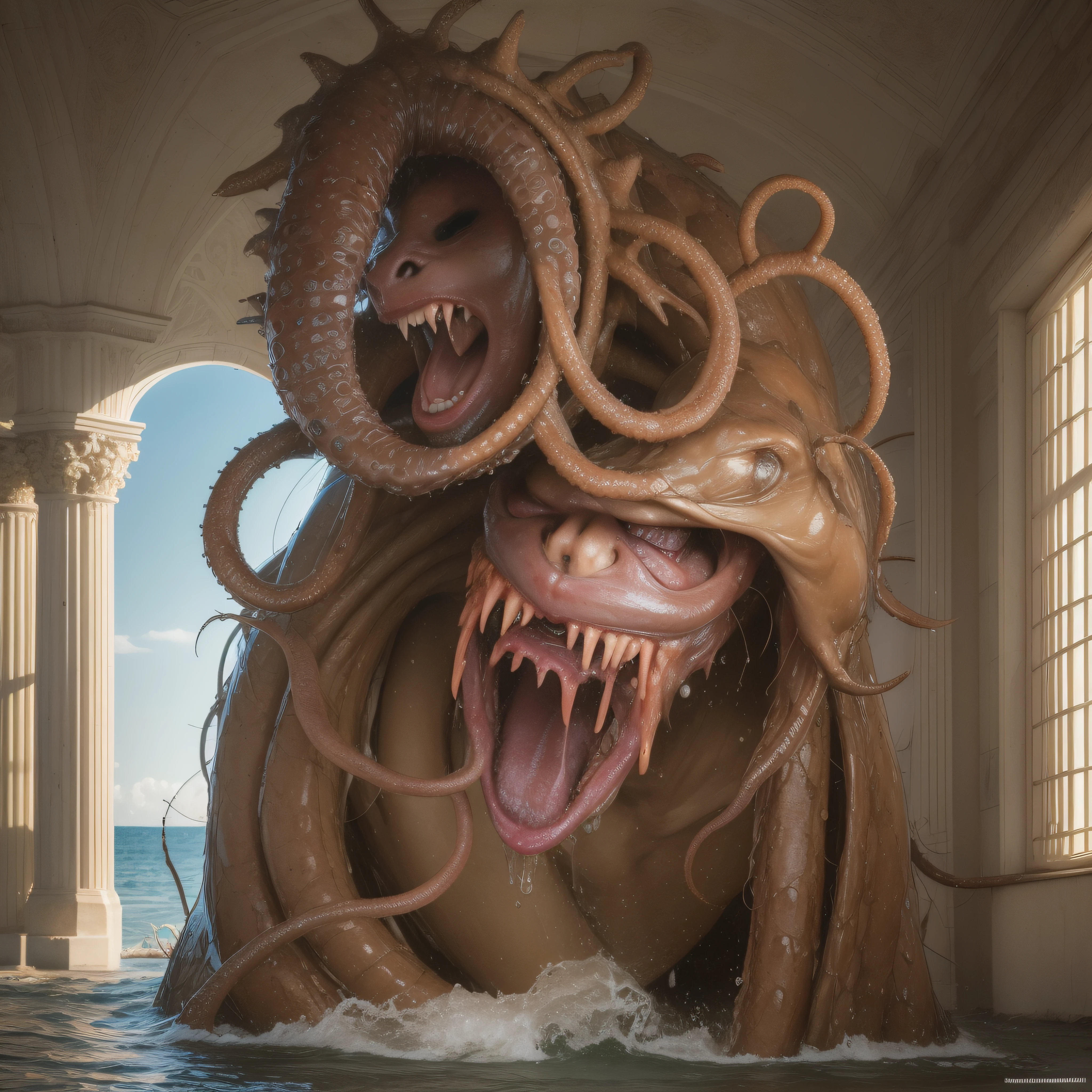 (extremadamente detallado, obra maestra, La mejor calidad), Estilo oscuro, intense illumination, una persona siendo atacada por una medusa gigante, rostro con arrugas, lengua larga, tentacle, deforme, monstruoso, interior de una piscina de agua verdosa, imagen submarina, alien con Colmillos finos, pico de pulpo amenazante. manchas de tinta. Rococo composition. Luz de caravaggio