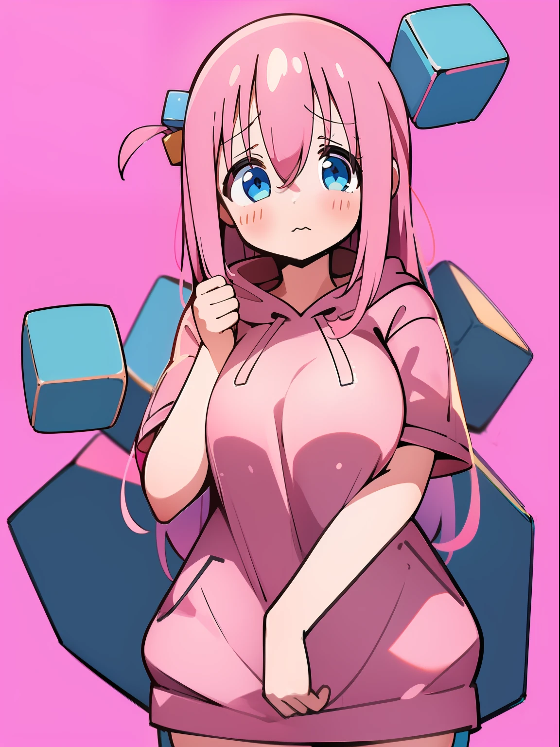 (1girl),(((best quality))),(((high quality))),((shy)),pink hoodie,pink hair,blue eyes,((bocchi the rock)),(cute style),(anime style),milf,hair accsesories,((two cubes in hair)),big boobs