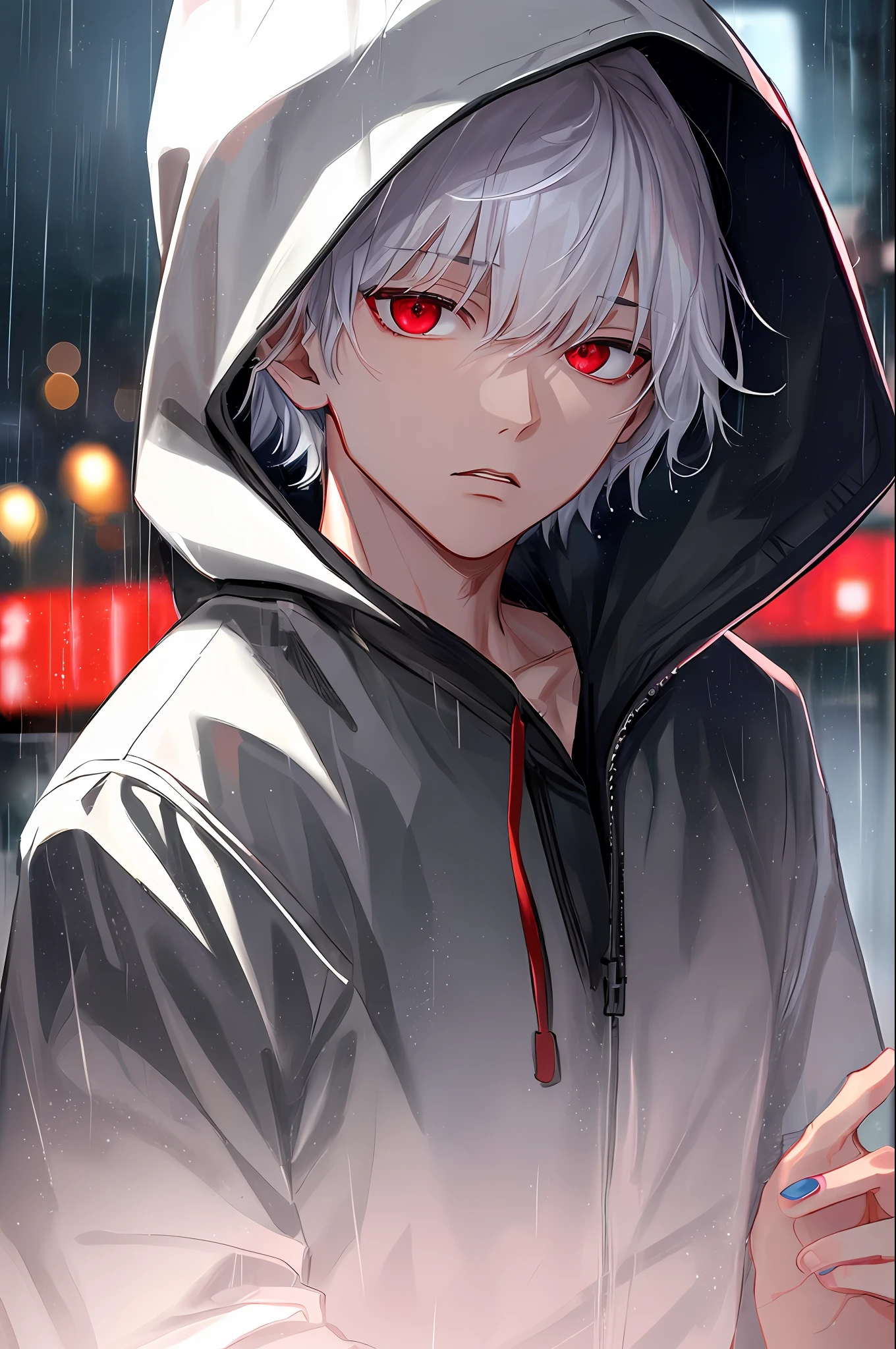 kk, best quality, more details, masterpiece, 1boy, kaneki ken, portrait, male focus, red eyes, solo, bangs, looking at viewer, hood, short hair, rain, tokyo tokyo \(city\),  hood up, nail polish, white hair, luxurious, 8k, detailed, ray tracing, depth of field, cinematic lighting,