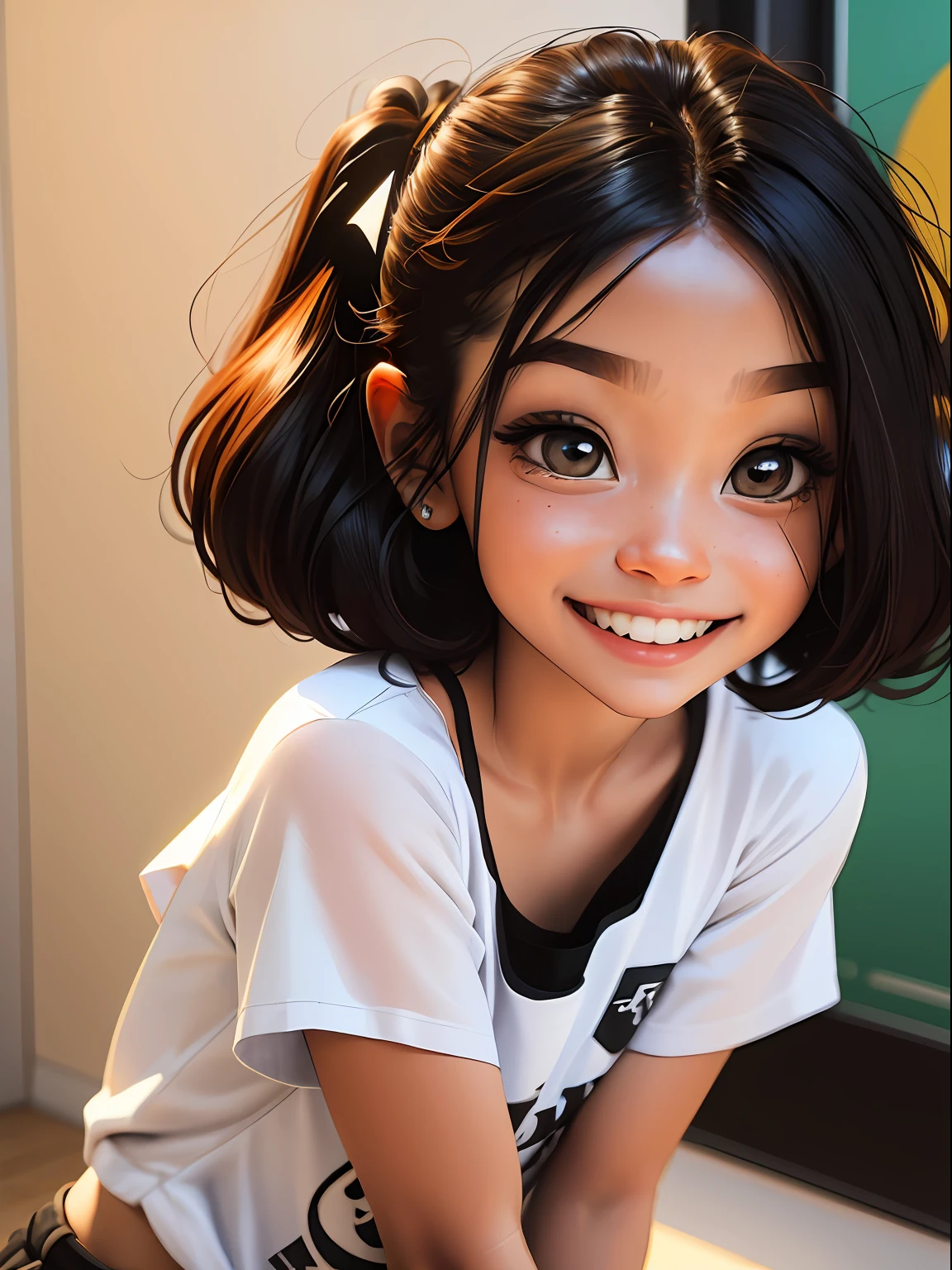 loli menina loira, bonita e fofa, smiling, usando touca e roupas leves, babyface, Estilo Chibi, cabelos bicolores e preto, coque duplo desalinhado, laranja claro, olhos de detalhe perfeito, rosto delicado, CG perfeito, Qualidade de imagem HD, fundo simples