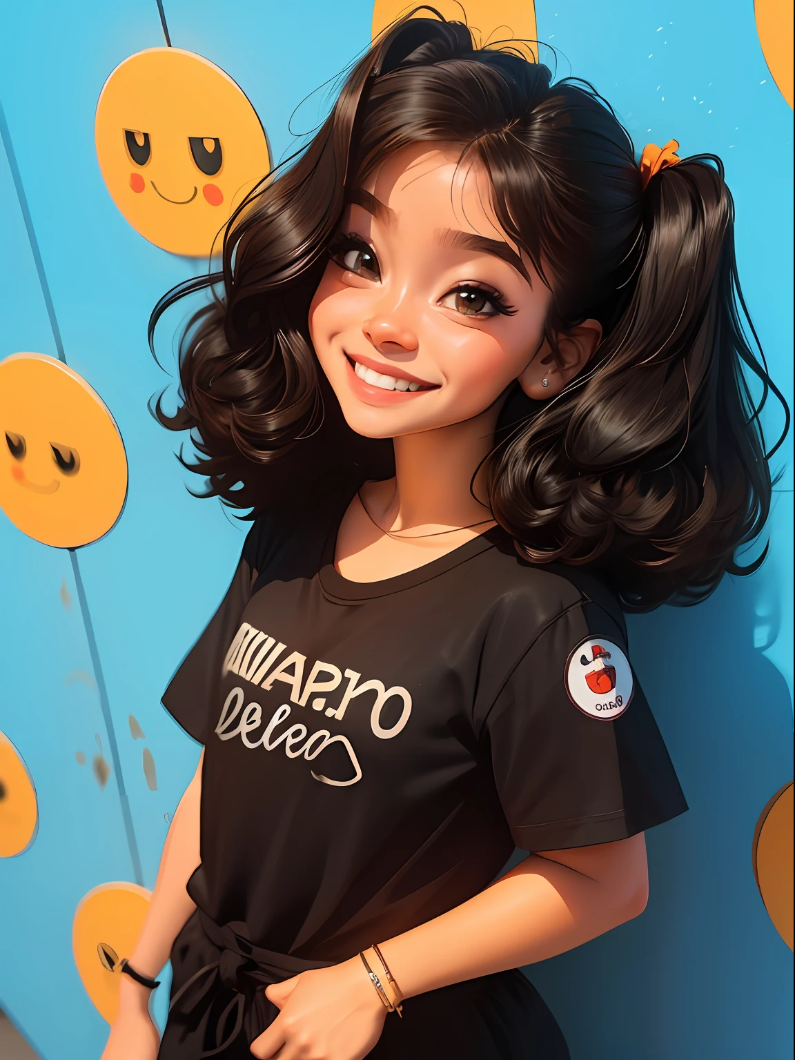 loli menina loira, bonita e fofa, smiling, usando touca e roupas leves, babyface, Estilo Chibi, cabelos bicolores e preto, coque duplo desalinhado, laranja claro, olhos de detalhe perfeito, rosto delicado, CG perfeito, Qualidade de imagem HD, fundo simples