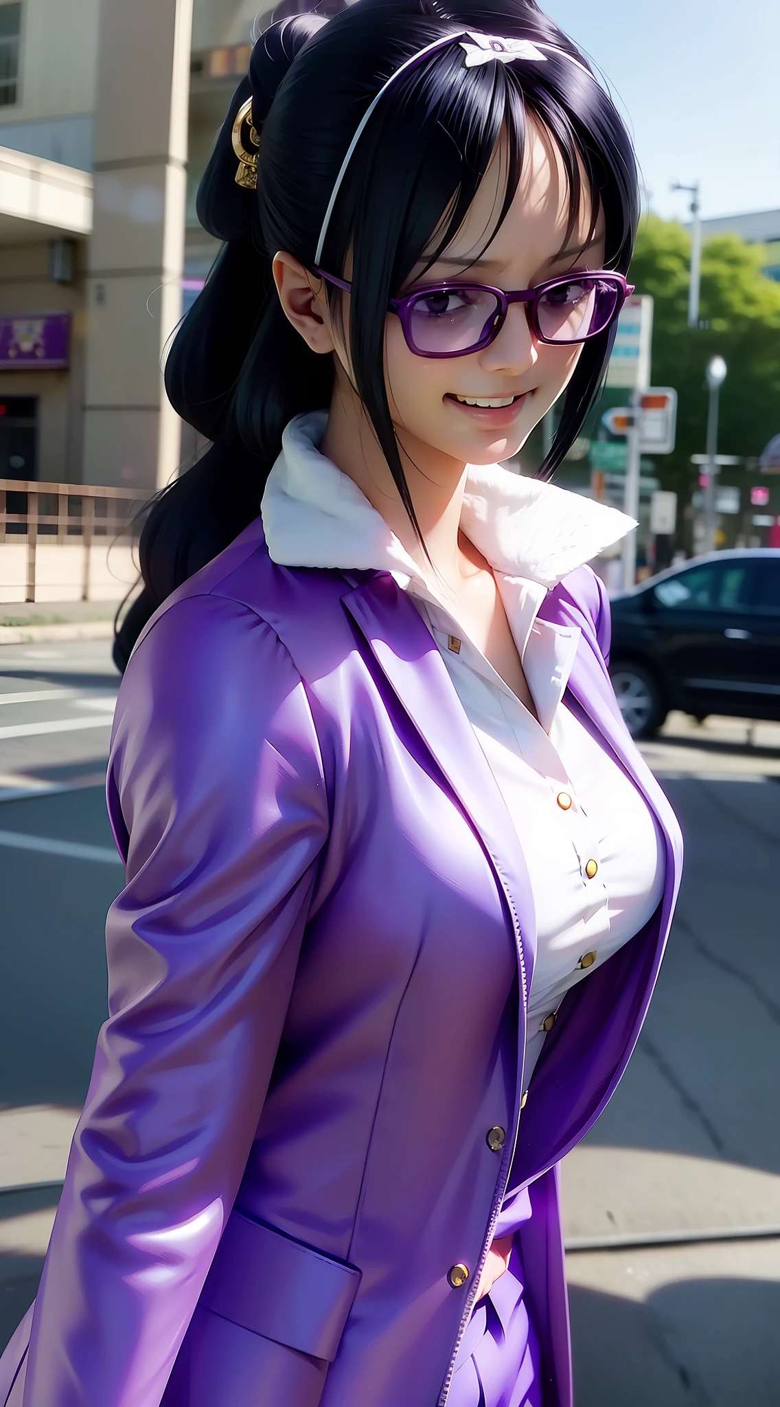 Tashigi from anime one piece, long hair, black hair, hairband, beautiful, beautiful woman, perfect body, standing, wearing formal clothes, wearing a white shirt, purple suit, purple pants, looking at the audience, smiling, being in a public place, on the roadside, in tokyo city, wearing glasses, hd quality, 4k, ochiro oda style