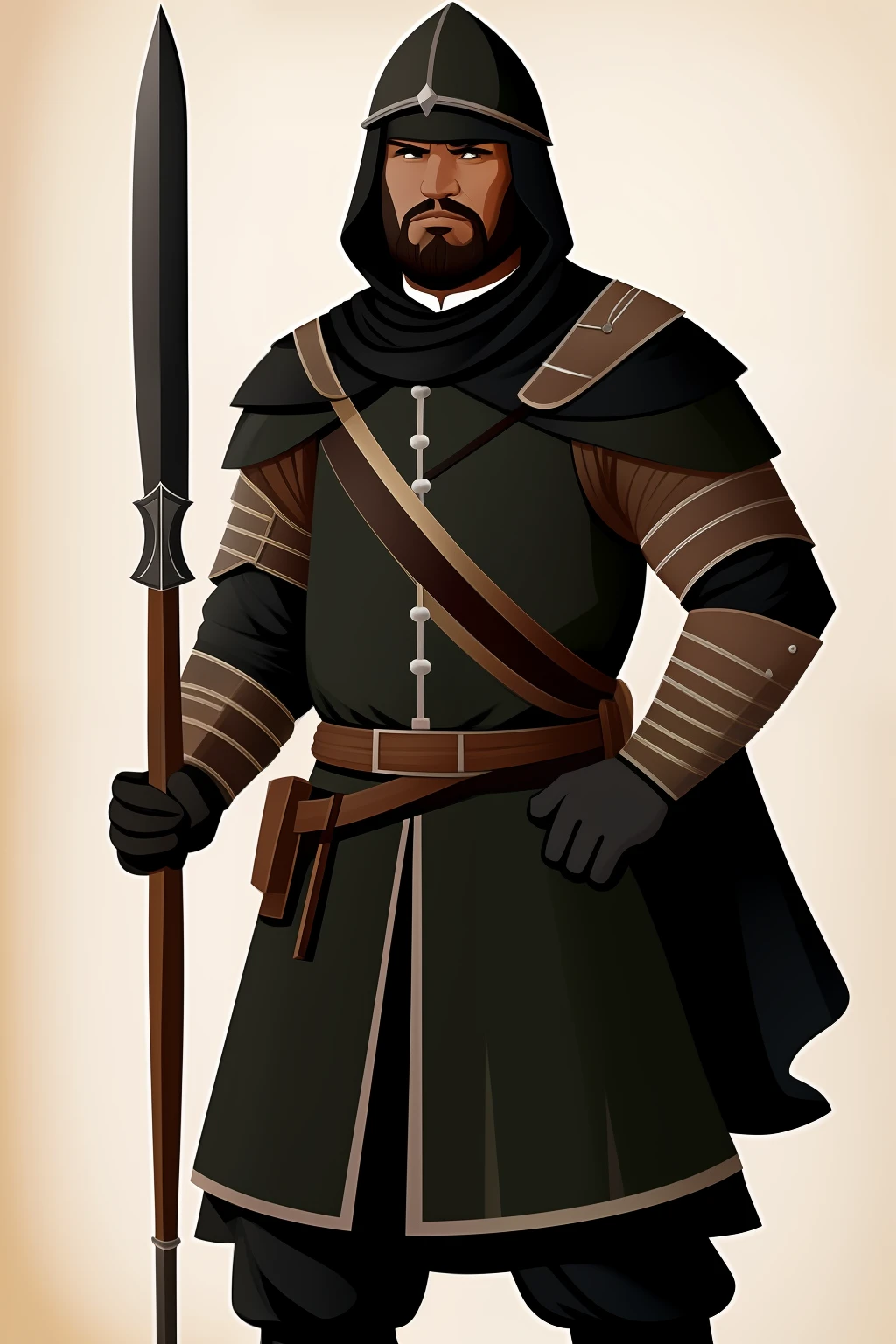 Alto contraste, desenhos de linha limpa, desenho animado, MEDIEVAL SOLDIER WITH SPEAR IN HAND, ASIATICO, pouca roupa, PRETO E BRANCO