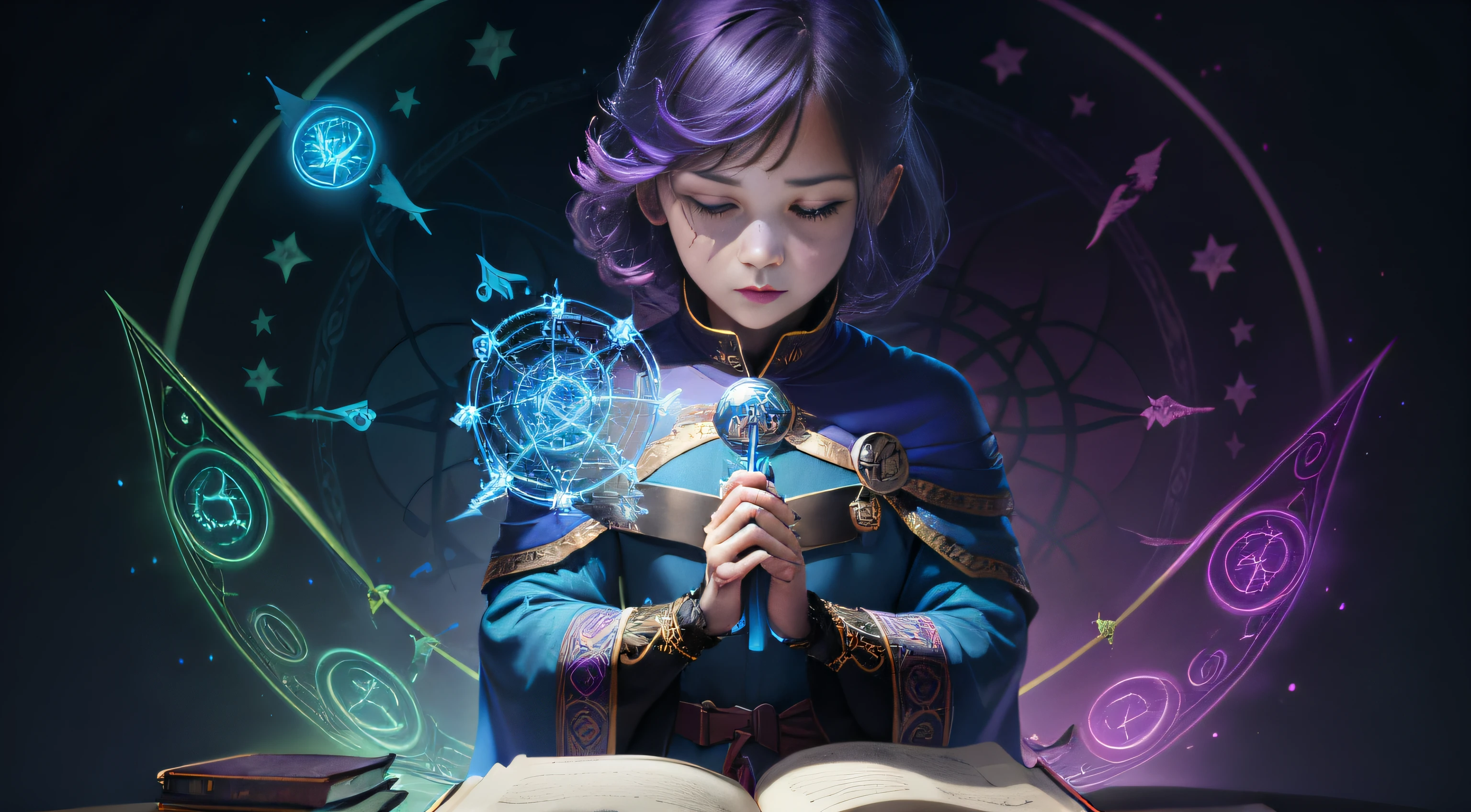 Colorful, the wallpaper, energy, Unknown terror, Arcane, magic around, magic around, wands, Books, Flight page, omniscient, Predicting the future, Learn about the past, Infinite wisdom, Blue Flame, Warlock, Magic Circles, pentacle, Spells, Spells, Singing magic,The little witch casts magic