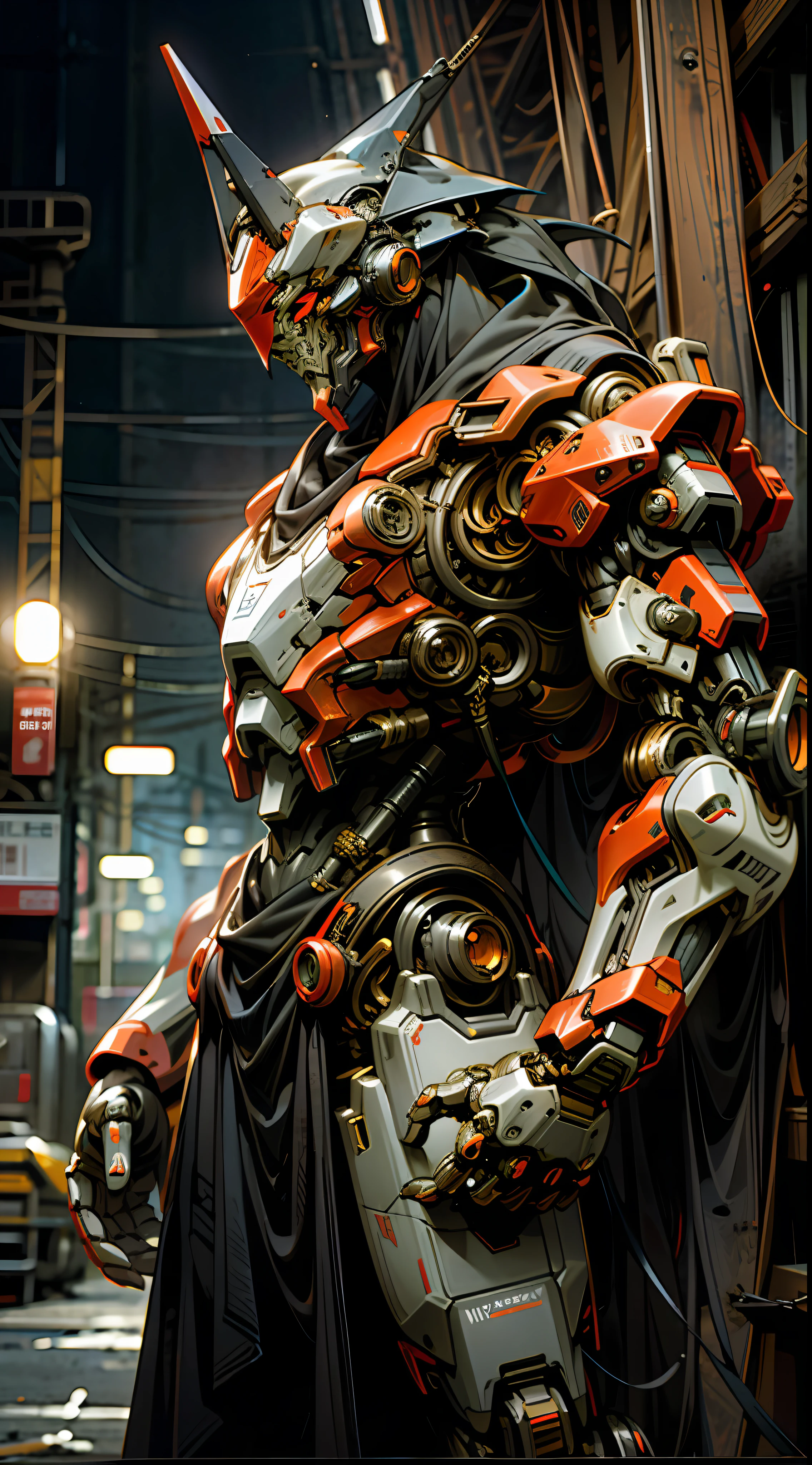 Dark_Fantasy,Cyberpunk,(chain saw,chain saw man,Red:1.1),1man,Mechanical marvel,Robotic presence,Cybernetic guardian,Wearing a shabby red and black color scheme mech suit，iintricate，（Steel metal[rusted]），ellegance，Clear focus，Photo by Greg Rutkowski，gentlesoftlighting，vivd colour，tmasterpiece，（（the street）），cow boy shot，dynamicposes，holding a longsword
