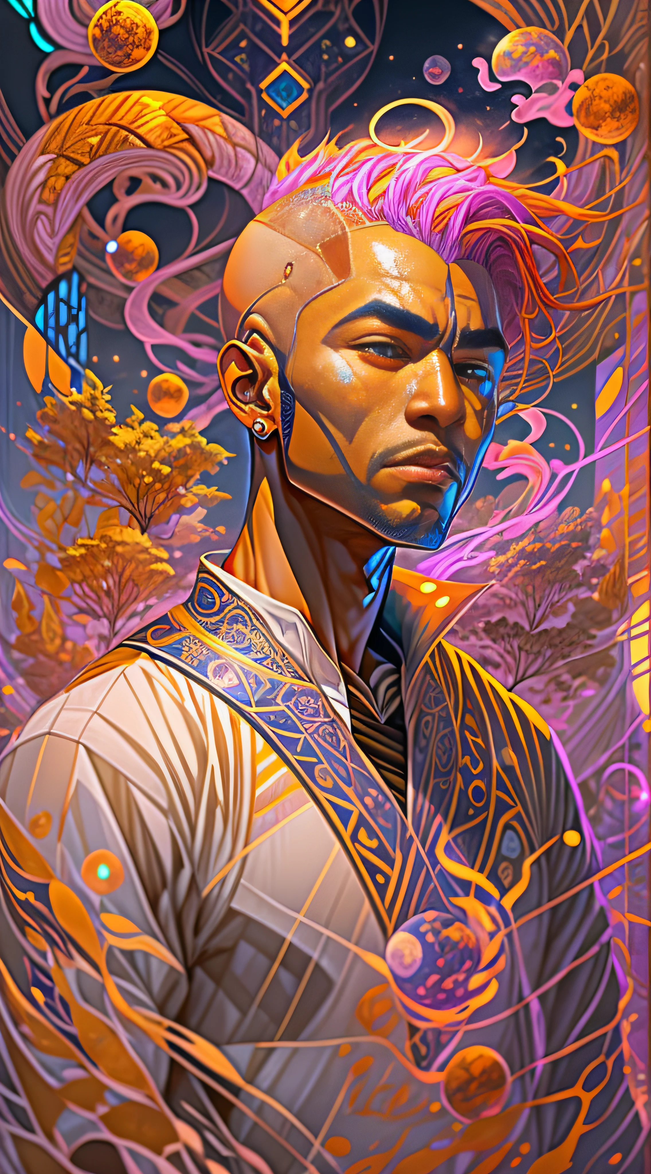 Craft an exquisite, high-resolution 4K masterpiece Draw a young caramel skin Male with bald Hair, standing on a Mysterious path floating in the middle of an alternate Dimension Leading to a Portal , turn his back on viewers , from behind , surrounded by Colorful energy Orbs glowing with fiery auras BREAK Dramatic lighting from distant SHooting stars Glistening like Diamonds illuminates the scene, casting deep shadows on the Clothing wearing streetwear Gucci Mink Designer Outfit, looking at the Portal and mysterious Contrasting colors on the other side with wonder and Awe with curiosity ,BREAK,Detailed,Realistic,4k highly detailed digital art,octane render, bioluminescent, BREAK 8K resolution concept art, realism,by Mappa studios,masterpiece,best quality,official art,illustration,ligne claire,(cool_color),perfect composition,absurdres, fantasy,focused,rule of thirds. The piece should be intricately detailed, inspired by the techniques of renowned artists such as Ryan Yee, Sachin Teng, JC Leyendecker, Jen Bartel, Beeple, and James Jean, with a particular emphasis on Sachin Teng's style.
The artwork should reflect the aesthetic of Shin Hanga, a winner of the Behance contest, and should achieve perfect symmetry. The subject of the portrait is Bald Hair Caramel skin Male. The atmosphere should be ethereal, with smoke, white light, and strong light elements.
Incorporate elements of surrealism into the piece, with ultra-detailed features and glowing eyes. The full-body shot should also include a close-up of the body, with Akuma holding weapons - a katana and a double dragon winding.
The color palette should be dominated by a mesmerizing blue light, and a bracer should be part of the attire. The piece should be available in HD, Ultra HD, and 4K resolutions. Finally, to add a dramatic effect, include a thunderous backdrop to the scene, creating a surreal and captivating masterpiece.