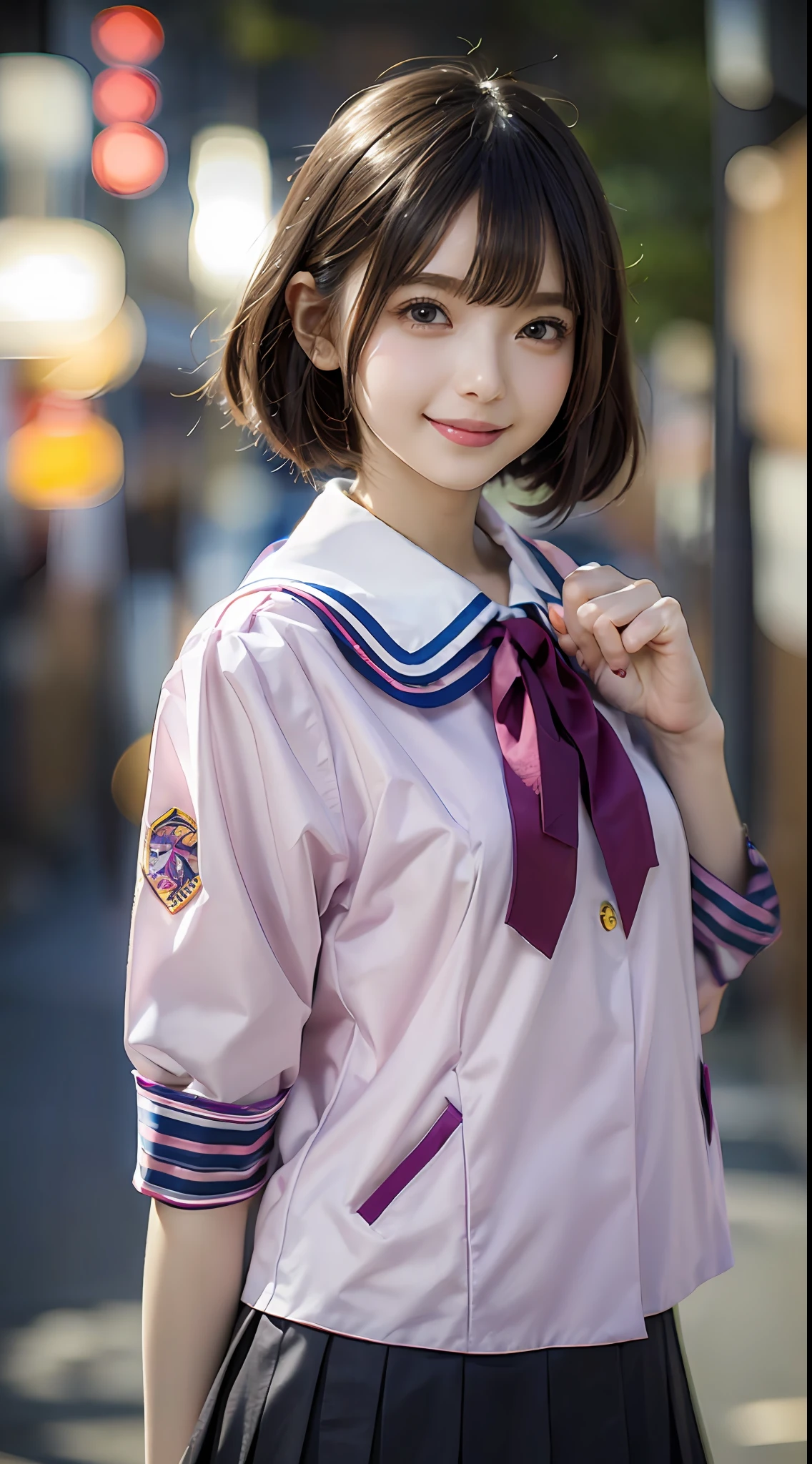 Masterpiece, one beautiful woman, detailed face, detailed eyes, detailed skin, top quality, Japanese, high school girl, idol, short cut, dark eyes, front lit with bright lights, professional lighting, looking straight ahead, short skirt, Japanese school girl uniform, smiling face, perfect and ultimate idol,