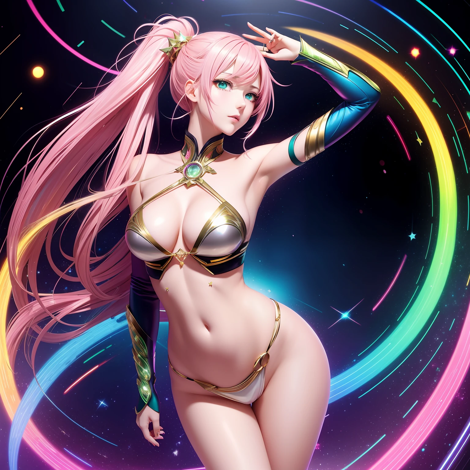 high image, super detail, high resolution, anime, manga, illustration, beautiful woman, ecstatic expression, amorous expression, seductive look, flowing layered messy wavy ponytail pink hair, sparkling emerald green sharp eyes, great proportion, perfect proportion, slender, full body, background Northern Renaissance style, fantasy, galaxy, magic circle, kaleidoscope, give off rainbow and gold neon light many lines radially from floor and ceiling, cyber punk, planet, thunder, thunderstorm --auto