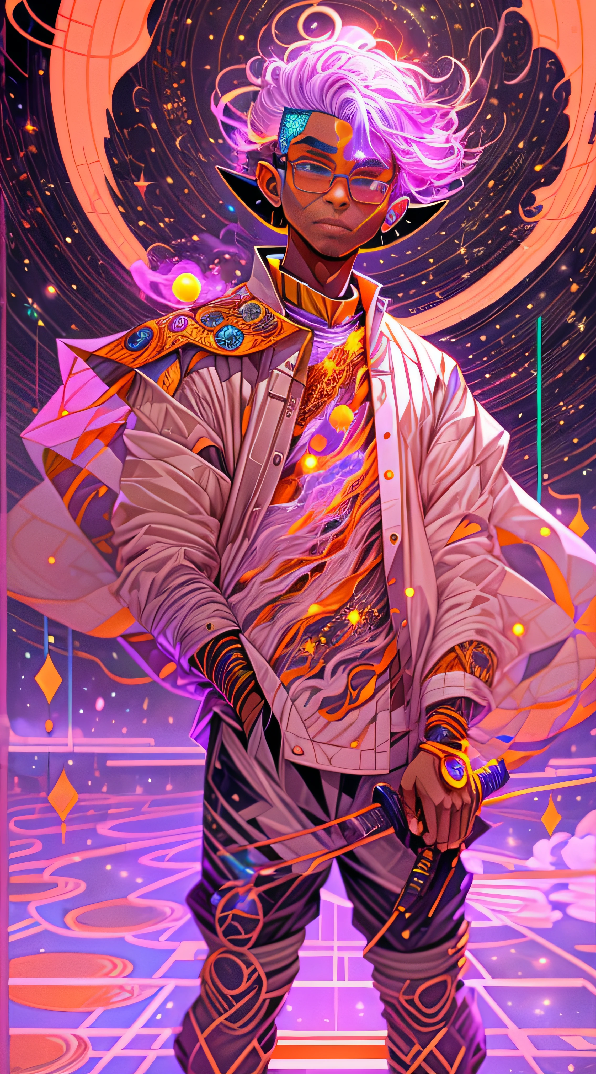 Craft an exquisite, high-resolution 4K masterpiece Draw a young caramel skin Male with bald Hair, standing on a Mysterious path floating in the middle of an alternate Dimension Leading to a Portal , turn his back on viewers , from behind , surrounded by Colorful energy Orbs glowing with fiery auras BREAK Dramatic lighting from distant SHooting stars Glistening like Diamonds illuminates the scene, casting deep shadows on the Clothing wearing streetwear Gucci Mink Designer Outfit, looking at the Portal and mysterious Contrasting colors on the other side with wonder and Awe with curiosity ,BREAK,Detailed,Realistic,4k highly detailed digital art,octane render, bioluminescent, BREAK 8K resolution concept art, realism,by Mappa studios,masterpiece,best quality,official art,illustration,ligne claire,(cool_color),perfect composition,absurdres, fantasy,focused,rule of thirds. The piece should be intricately detailed, inspired by the techniques of renowned artists such as Ryan Yee, Sachin Teng, JC Leyendecker, Jen Bartel, Beeple, and James Jean, with a particular emphasis on Sachin Teng's style.
The artwork should reflect the aesthetic of Shin Hanga, a winner of the Behance contest, and should achieve perfect symmetry. The subject of the portrait is Bald Hair Caramel skin Male. The atmosphere should be ethereal, with smoke, white light, and strong light elements.
Incorporate elements of surrealism into the piece, with ultra-detailed features and glowing eyes. The full-body shot should also include a close-up of the body, with Akuma holding weapons - a katana and a double dragon winding.
The color palette should be dominated by a mesmerizing blue light, and a bracer should be part of the attire. The piece should be available in HD, Ultra HD, and 4K resolutions. Finally, to add a dramatic effect, include a thunderous backdrop to the scene, creating a surreal and captivating masterpiece.