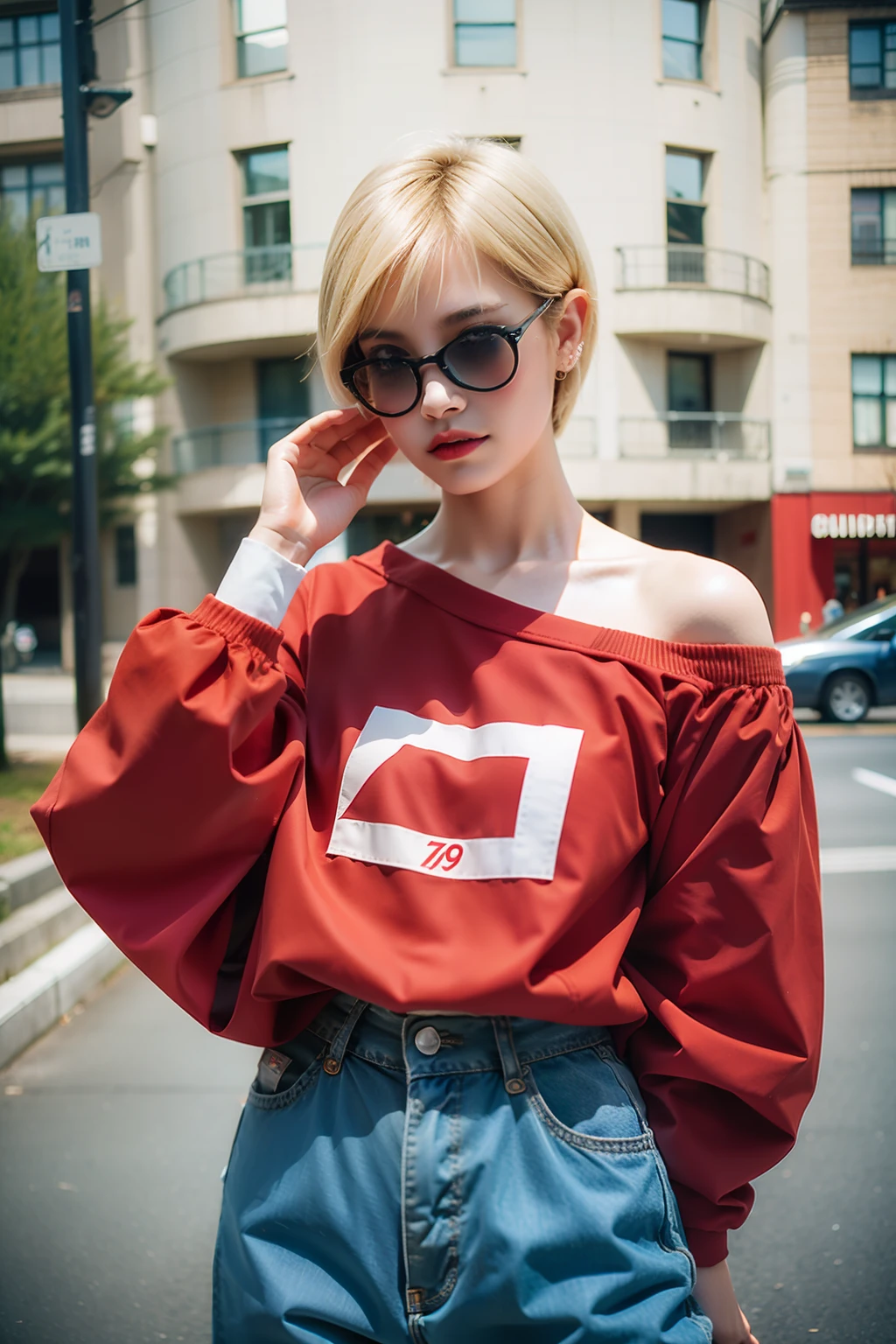 1 girl,cut_clothes,1998 European Blonde Hip-Hop Girl by Sachin Teng x Supreme, Abs,Off-the-shoulder long-sleeved shirt,Attractive, Stylish, designer, Red, geometric shapes, scribbles, streetart, full bodyesbian, Cowboy shot,