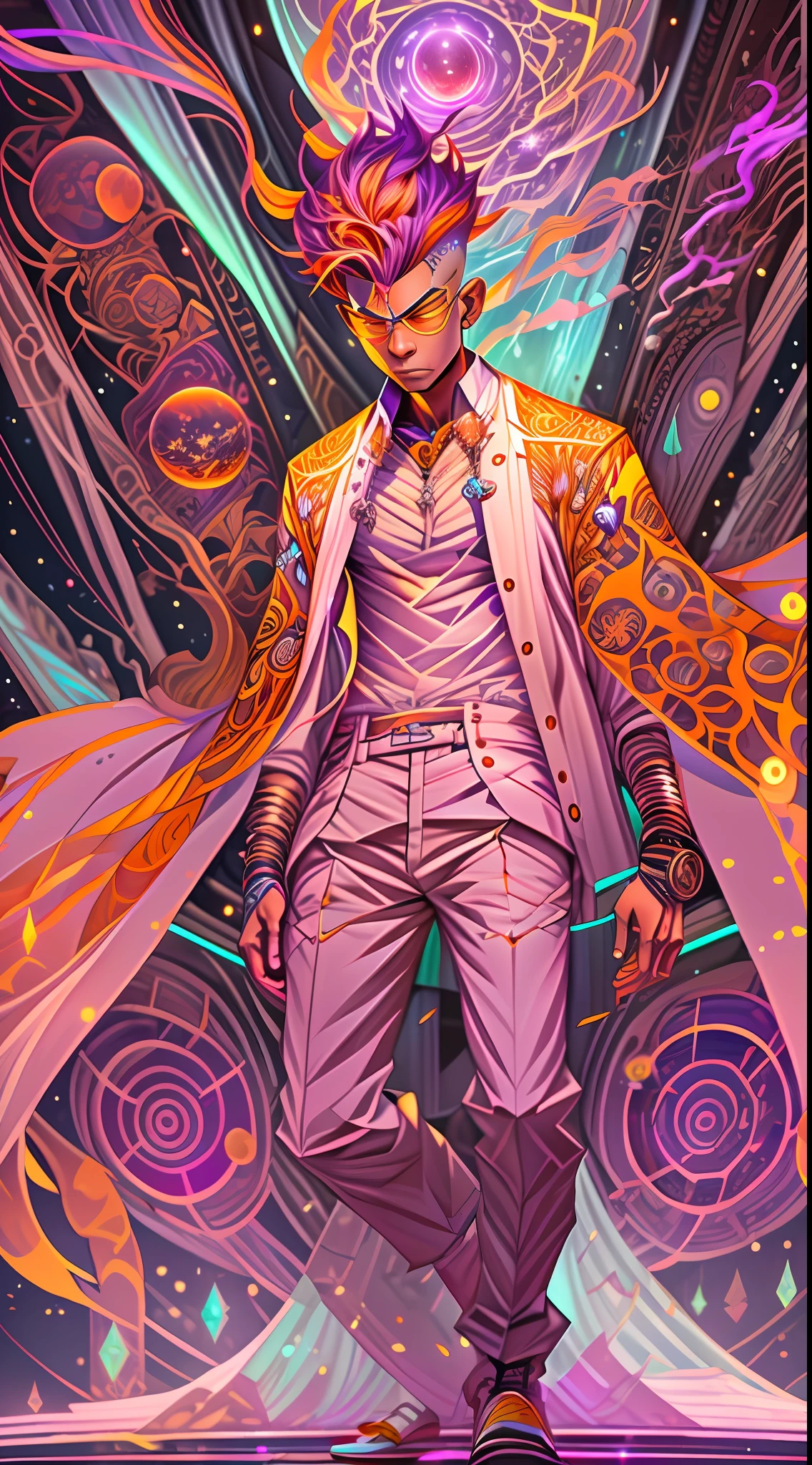 Craft an exquisite, high-resolution 4K masterpiece Draw a young caramel skin Male with bald Hair, standing on a Mysterious path floating in the middle of an alternate Dimension Leading to a Portal , turn his back on viewers , from behind , surrounded by Colorful energy Orbs glowing with fiery auras BREAK Dramatic lighting from distant SHooting stars Glistening like Diamonds illuminates the scene, casting deep shadows on the Clothing wearing streetwear Gucci Mink Designer Outfit, looking at the Portal and mysterious Contrasting colors on the other side with wonder and Awe with curiosity ,BREAK,Detailed,Realistic,4k highly detailed digital art,octane render, bioluminescent, BREAK 8K resolution concept art, realism,by Mappa studios,masterpiece,best quality,official art,illustration,ligne claire,(cool_color),perfect composition,absurdres, fantasy,focused,rule of thirds. The piece should be intricately detailed, inspired by the techniques of renowned artists such as Ryan Yee, Sachin Teng, JC Leyendecker, Jen Bartel, Beeple, and James Jean, with a particular emphasis on Sachin Teng's style.
The artwork should reflect the aesthetic of Shin Hanga, a winner of the Behance contest, and should achieve perfect symmetry. The subject of the portrait is Bald Hair Caramel skin Male. The atmosphere should be ethereal, with smoke, white light, and strong light elements.
Incorporate elements of surrealism into the piece, with ultra-detailed features and glowing eyes. The full-body shot should also include a close-up of the body, with Akuma holding weapons - a katana and a double dragon winding.
The color palette should be dominated by a mesmerizing blue light, and a bracer should be part of the attire. The piece should be available in HD, Ultra HD, and 4K resolutions. Finally, to add a dramatic effect, include a thunderous backdrop to the scene, creating a surreal and captivating masterpiece.