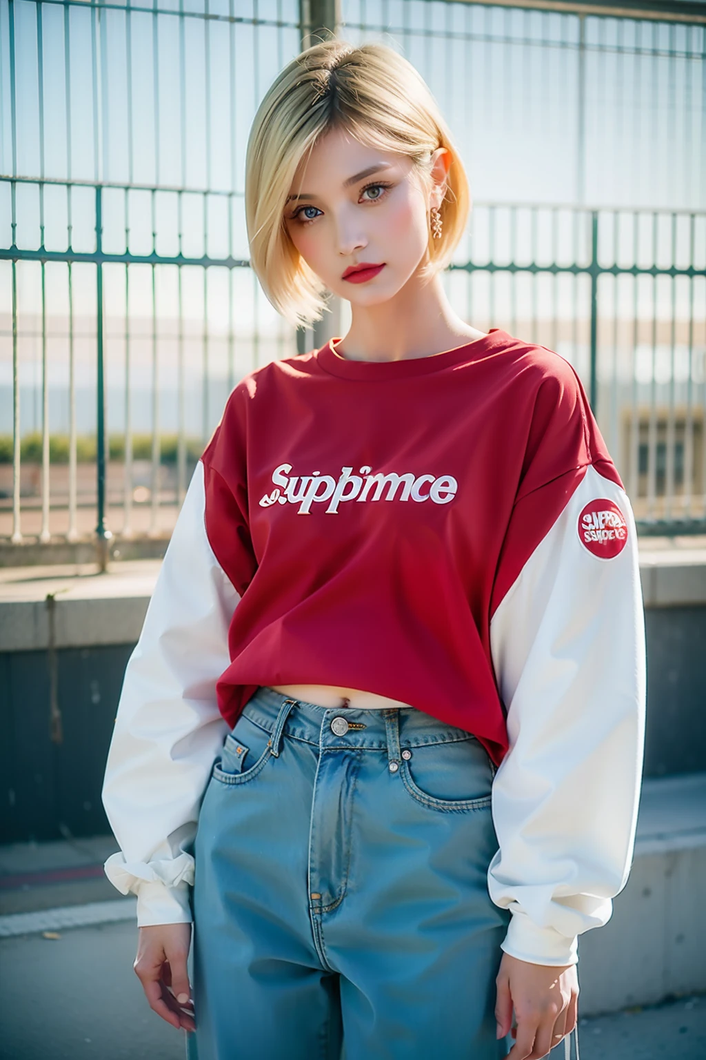 1 girl，cut_clothes，1998 European Blonde Hip-Hop Girl by Sachin Teng x Supreme, Abs，Off-the-shoulder long-sleeved shirt，Attractive, Stylish, designer, Red,  geometric shapes, scribbles, streetart, full bodyesbian, Cowboy shot,