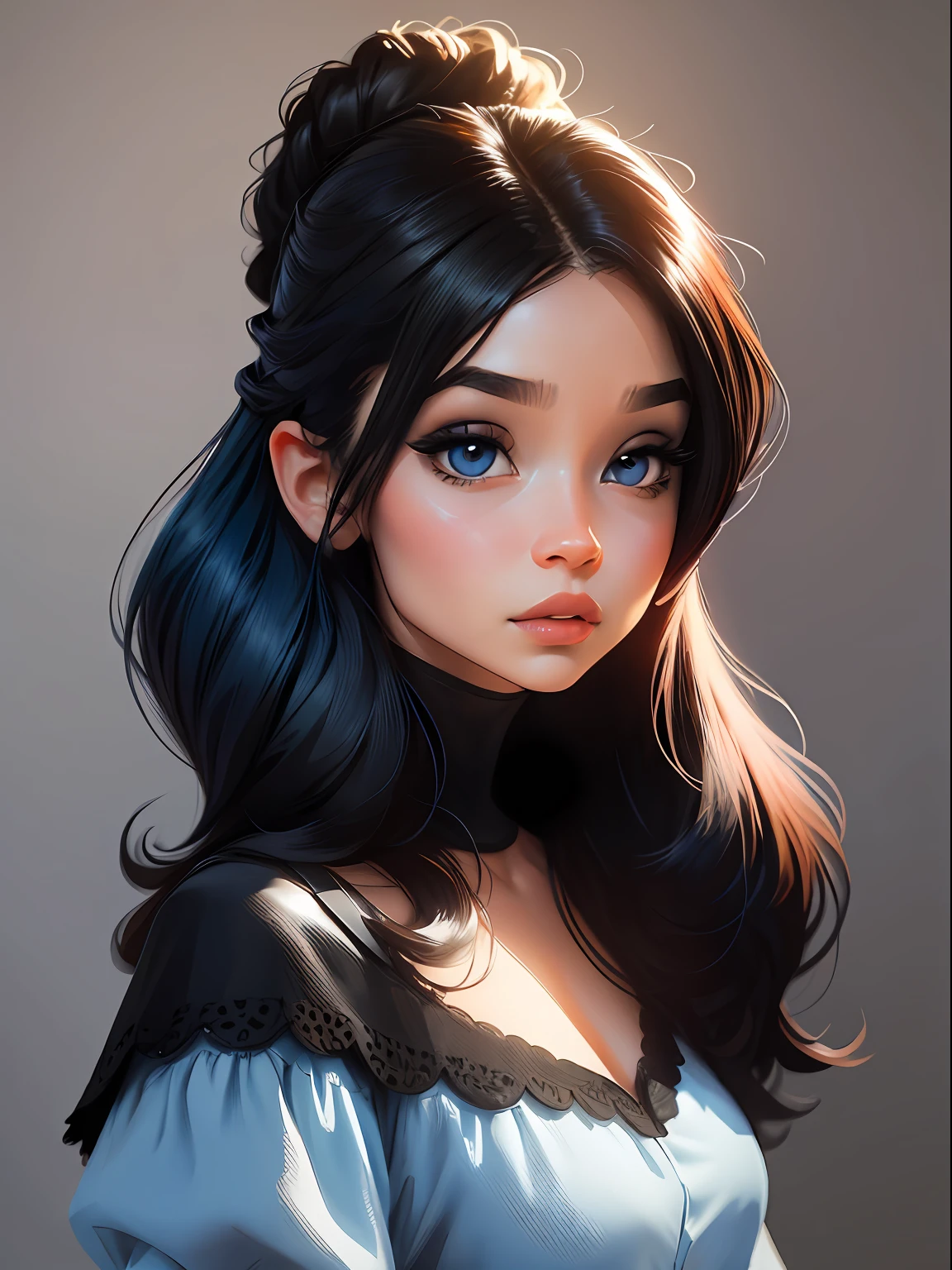 menina, bonita e fofa, estilo princesa, usando touca e roupas leves, babyface, estilo Chibi digital, cabelos bicolores e preto, solto, azul e preto claro, olhos de detalhe perfeito, rosto delicado, CG perfeito, Qualidade de imagem HD, fundo simples