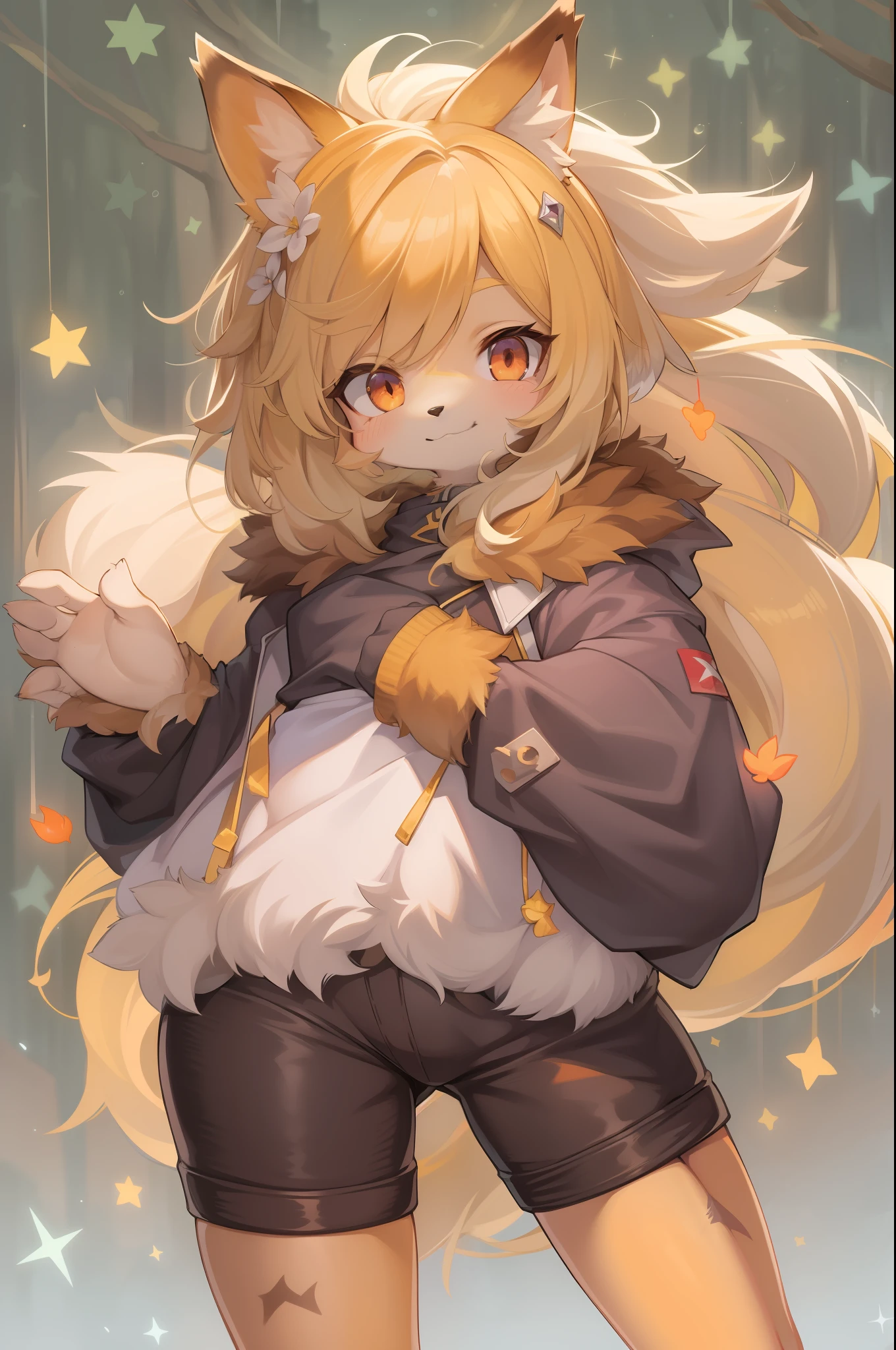 Shota the fox，hairy pubic，shaggy，Skin fur，Golden fur，Golden yellow face fur,Short straight blonde hair，Eyes have light，Red eyes，Brown elements on fur，Brown coat brown hood up，White top，brown shorts，Beautiful lights and shadows，Ambient light，Ultra-fine fur，volumettic light,natural  lightting，fox tails，Fluffy tail，No Man, Glowing tree，Lake, dark scenery, rain，Night，starrysky，Vast landscape，crossed bangs, Hairline, Shiny hair, lone nape hair, ，The smiley face has a faint blush, smiley，Sleepy，（Oversized Full Moon：1.2），（meteors：0.9），（Starcloud：1.3）（Warm light source：1.2），aurora，nevando，snowfield, Extra-long sleeves， Purple and orange，Complicated details，Volumetriclighting，Realist breakthrough（tmasterpiece：1.2）（best qualtiy），4K，Ultra-delicate，（Dynamic configuration：1.4），Highly detailed and colorful details，（Irridescent color ：1.2），（luminouslighting，Atmospheric lighting），dream magical，magic，独奏，Glowing light,Light blush, ，Single