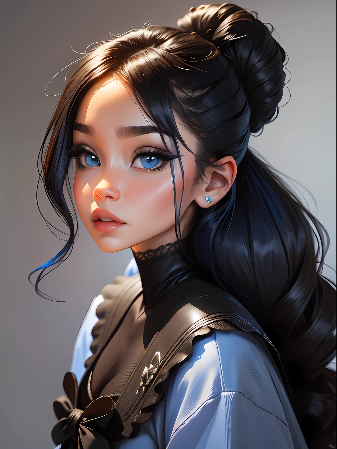 menina, bonita e fofa, estilo princesa, usando touca e roupas leves, face, estilo Chibi digital, cabelos bicolores e preto, solto, azul e preto claro, olhos de detalhe perfeito, rosto delicado, CG perfeito, Qualidade de imagem HD, fundo simples