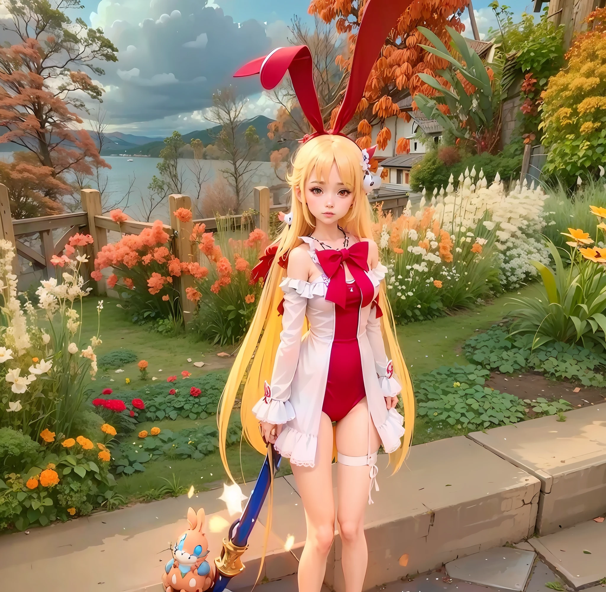 Chica anime con cabello largo y rubio y vestido rojo sosteniendo una espada, Estilo Azur Lane, Del videojuego Azure Lane, Conejita, con grandes liston de conejo, con orejas de conejo, Asuna Yuuki, Chica rubia de anime con cabello largo con flequillo, ojos cian, rabbt_charachter, Personajes de Azure Lane, small curvy loli, Motor irreal, ojos perfectos,