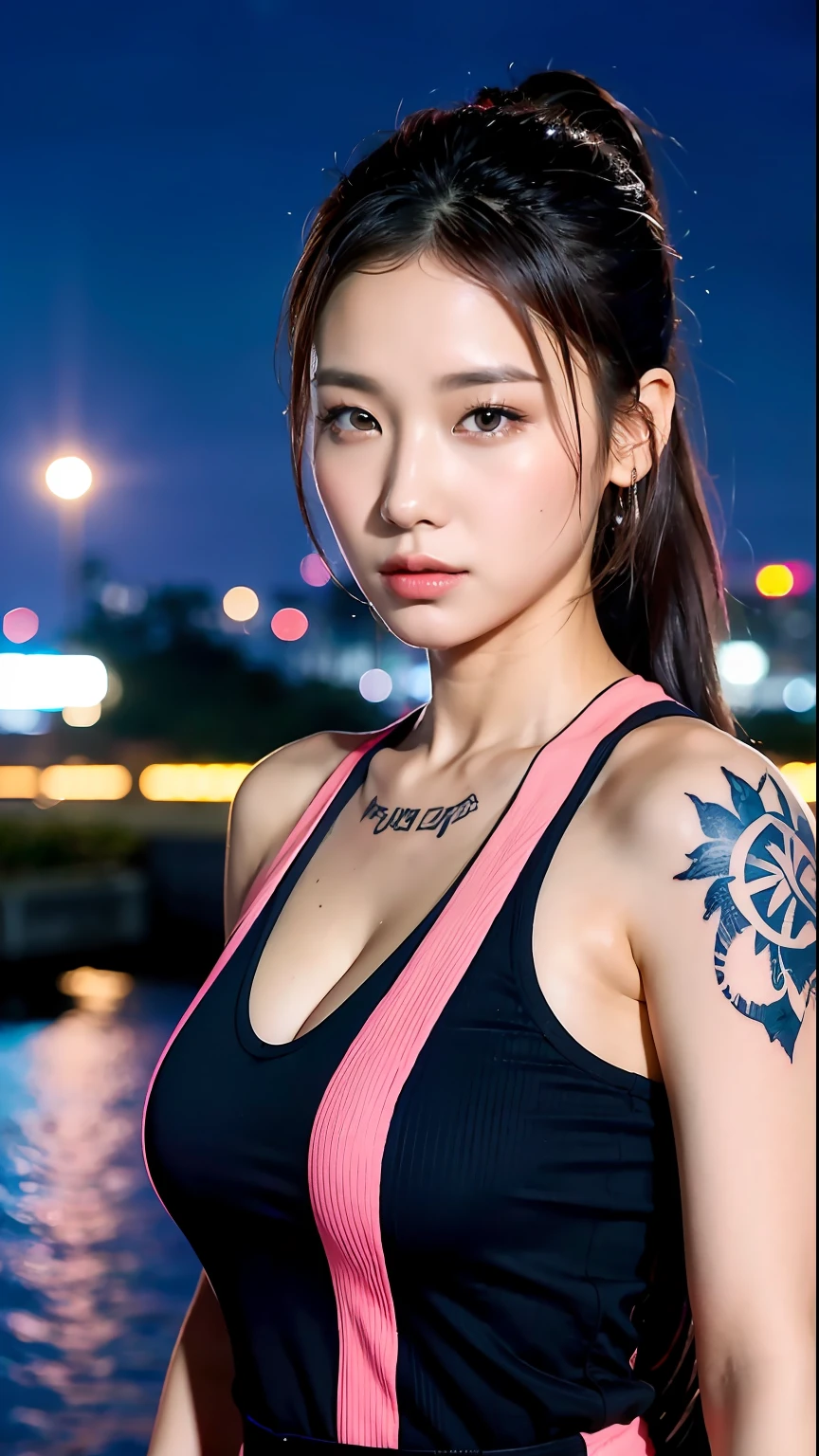 (1girl:1.2, body covered in words, words on body:1.1, tattoos of (words) on body:1.2), (masterpiece:1.4, best quality), medium breasts, unity 8k wallpaper, ultra detailed, (pastel colors:1.3), alluring pose, upper body, ass, beautiful and aesthetic,long maxi-skirt , detailed, solo, asymmetrical hair, Ponytail, black and red hair, korean girl, night, city,