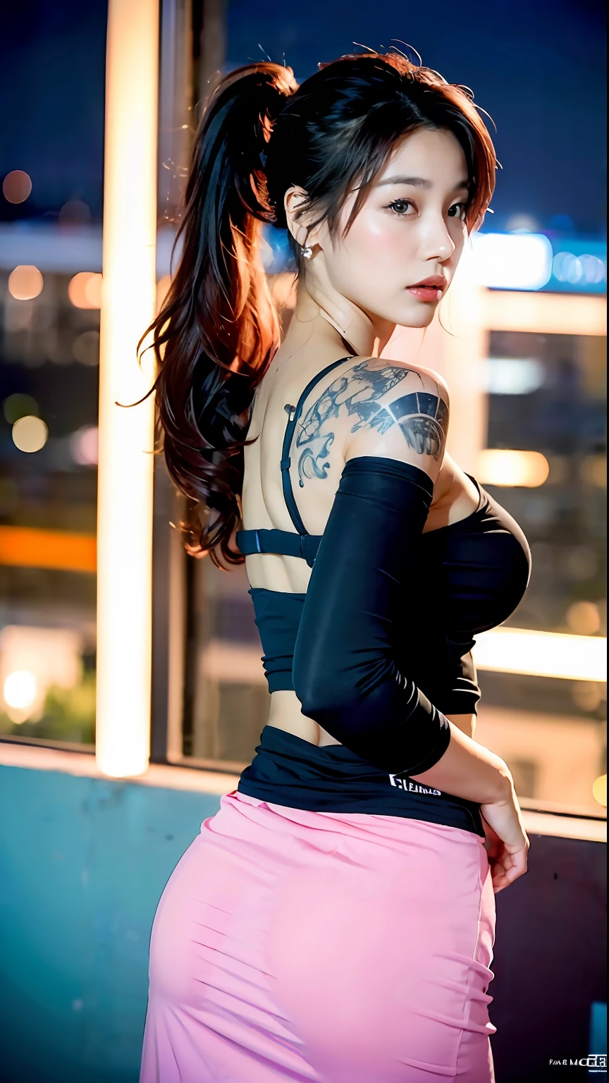(1girl:1.2, body covered in words, words on body:1.1, tattoos of (words) on body:1.2), (masterpiece:1.4, best quality), medium breasts, unity 8k wallpaper, ultra detailed, (pastel colors:1.3), alluring pose, upper body, ass, beautiful and aesthetic,long maxi-skirt , detailed, solo, asymmetrical hair, Ponytail, black and red hair, korean girl, night, city,