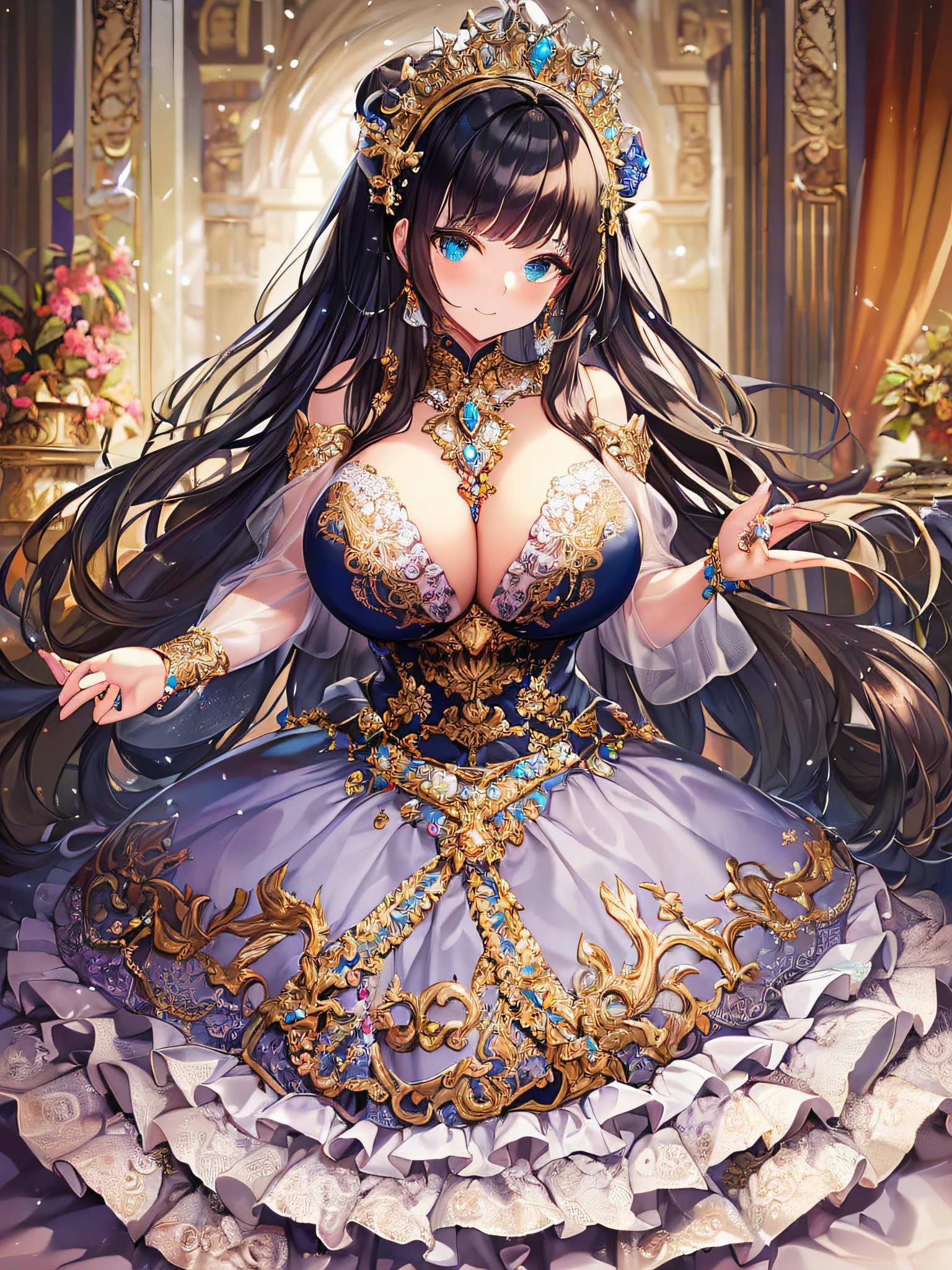 ((anime artstyle)),(Masterpiece),(Best Quality), (Super Detail),((Very Delicate and Beautiful)),((Solo)),((full body)),(((1 princess in beautiful embroidery and jeweled extremely gorgeous rococo ball gown dress with voluminous bouffant skirt))),Long train,((gorgeous gemstone jewelry)),detailed face and eyes,jewel-like eyes,(seductive smile),((extremely voluminous Very Long Hair,Straight Hair)),((extremely gigantic tits,Long tits)),curvy,skindentation,(gorgeousfull embroidery and lace),gorgeous corsage,See-through,extremely gorgeousfull hair ornament,extremely gorgeousfull glitter jeweled tiara,ornate ruffles,((full body)),((hoop skirt,crinoline)),Dynamic Angle,Looking at viewer,((beautiful embroidery and jeweled extremely gorgeous rococo ball gown dress with voluminous bouffant skirt)),full body