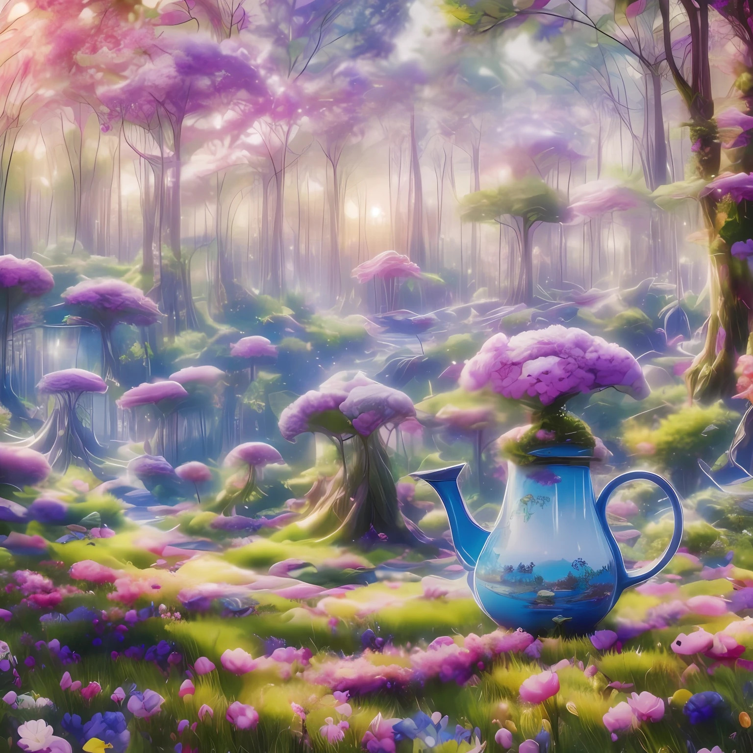 wonderland forest fantasy elements chaos giant flowers porcelain teapots tall trees --auto --s2