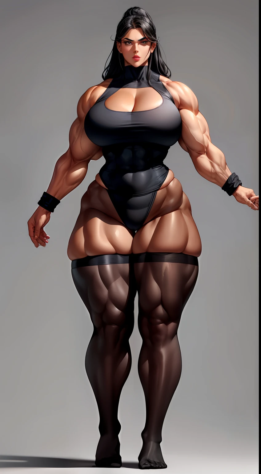 tmasterpiece,Burly woman,Exaggerated large muscles,black lence stockings,without wearing shoes,standing on your feet, beautiful attractive face,Full body like, Single female,Very fair skin,Thin waist,Very broad shoulders, Strong and powerful arms,Stout arms,Strong and powerful leg muscles,looking to the camera,