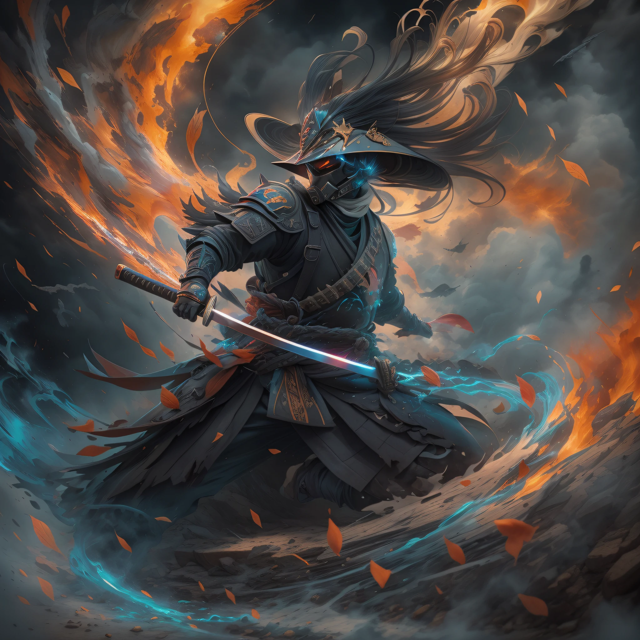 A samurai disguised as a deity in action and unleashing an attack on enemies with his mystical katana in a dark battle, armadura GALAXY de corpo inteiro, Plumes of black jet smoke, Charcoal, explosion of vibrant colors, sengoku period, incrivelmente detalhado, morbid, Escuro, Principais elementos visuais, Renascimento, volumetric light, Atmospheric, Estilo Greg Retkowski, ao estilo de Peter Mohrbacher, Altamente realista, Ultra Wide Epic Shooting, Motor Unreal 5