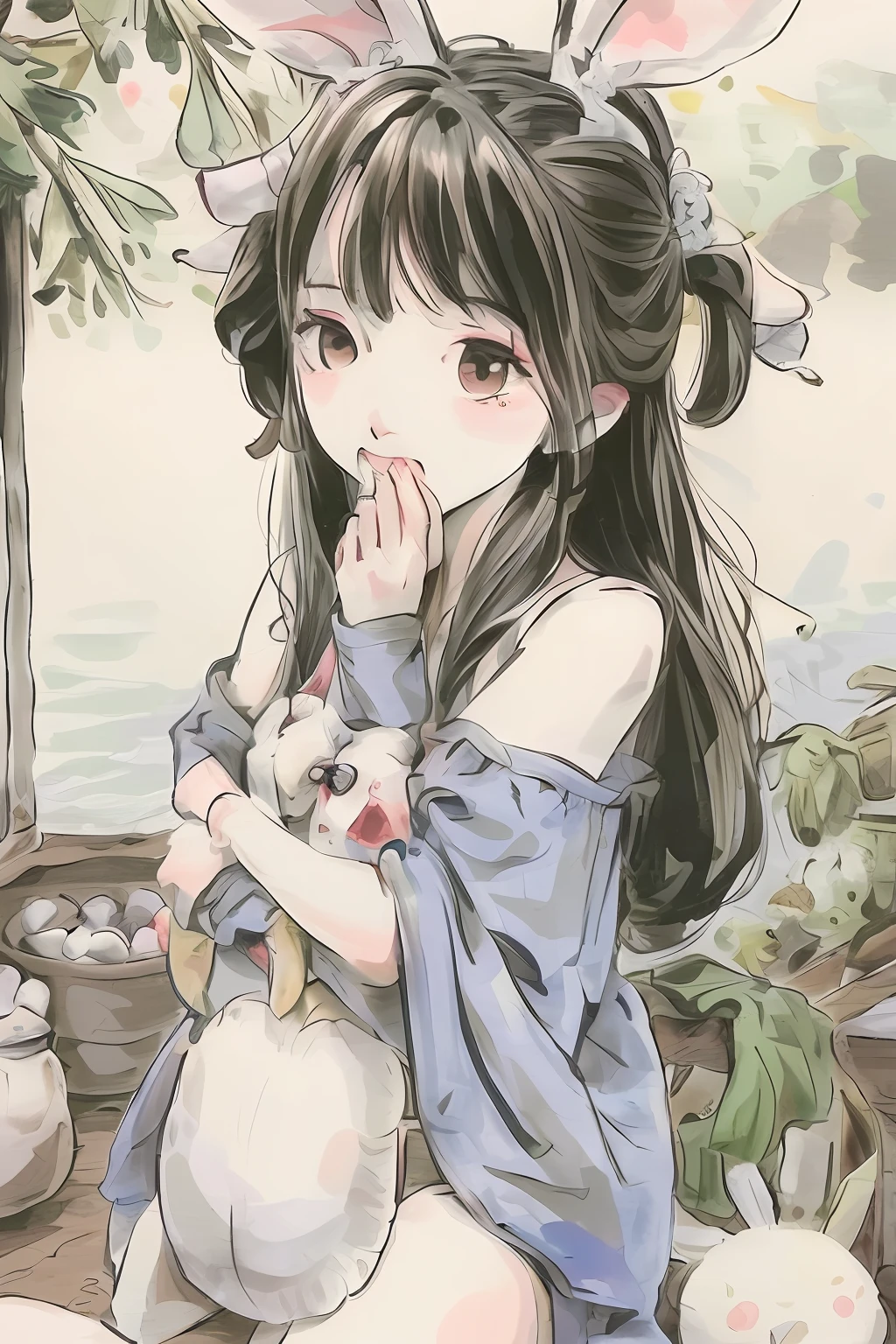 The fairy sister has a little rabbit eating turnips in her arms