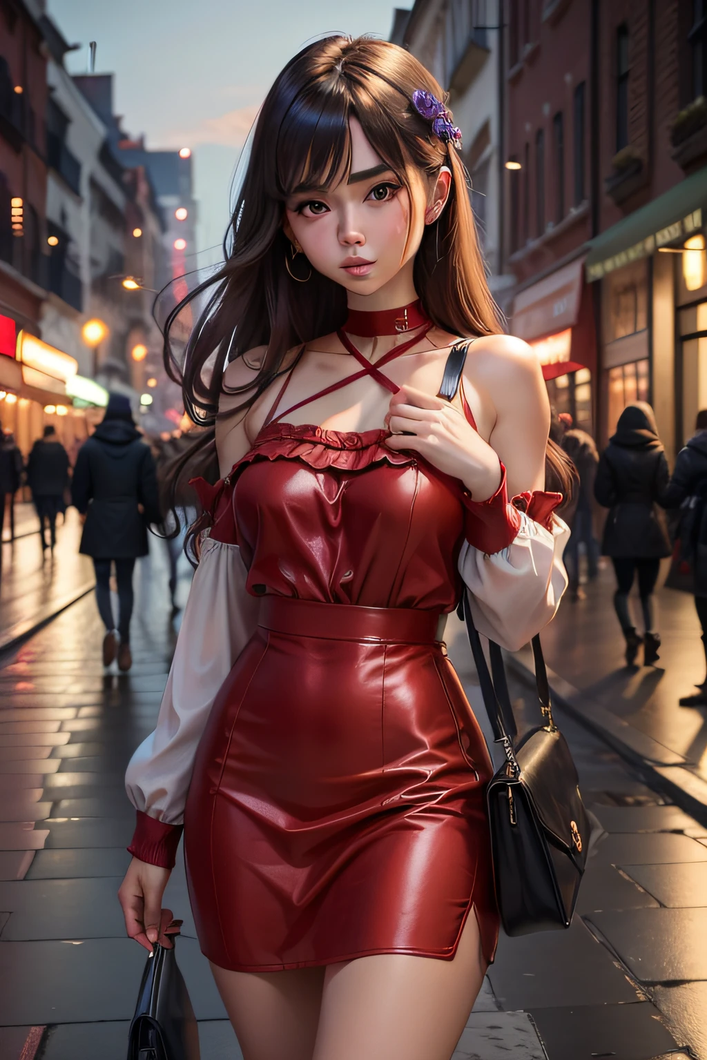 A beautiful girl in the street with red clothes , night, light violets