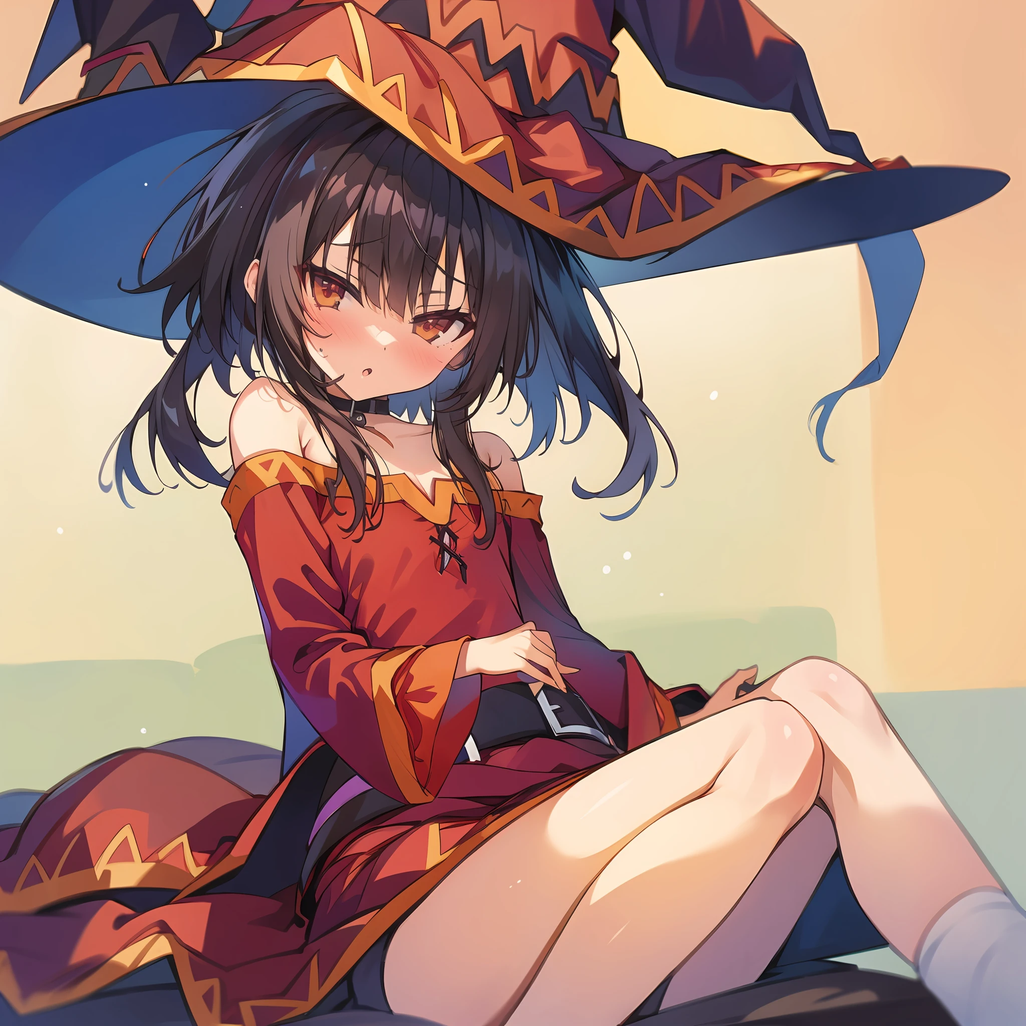 1 girl,​masterpiece,small tits,(top-quality),sitting on,(Megumin),Big witch's hat,(High Details),