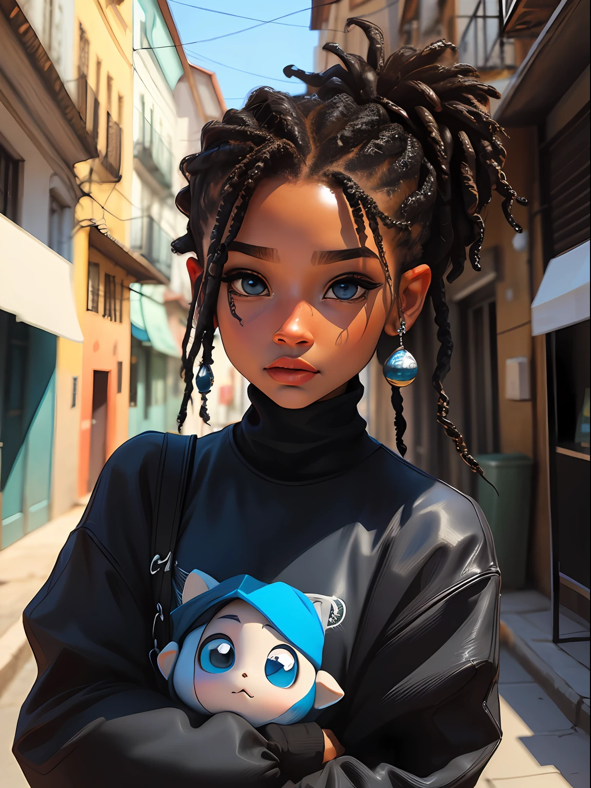 menina, bonita e fofa, street, dread's amarrados, Dark blue oculus, usando touca e roupas leves, babyface, estilo Chibi digital, cabelos bicolores e preto, azul e preto claro, olhos de detalhe perfeito, rosto delicado, CG perfeito, Qualidade de imagem HD, fundo simples