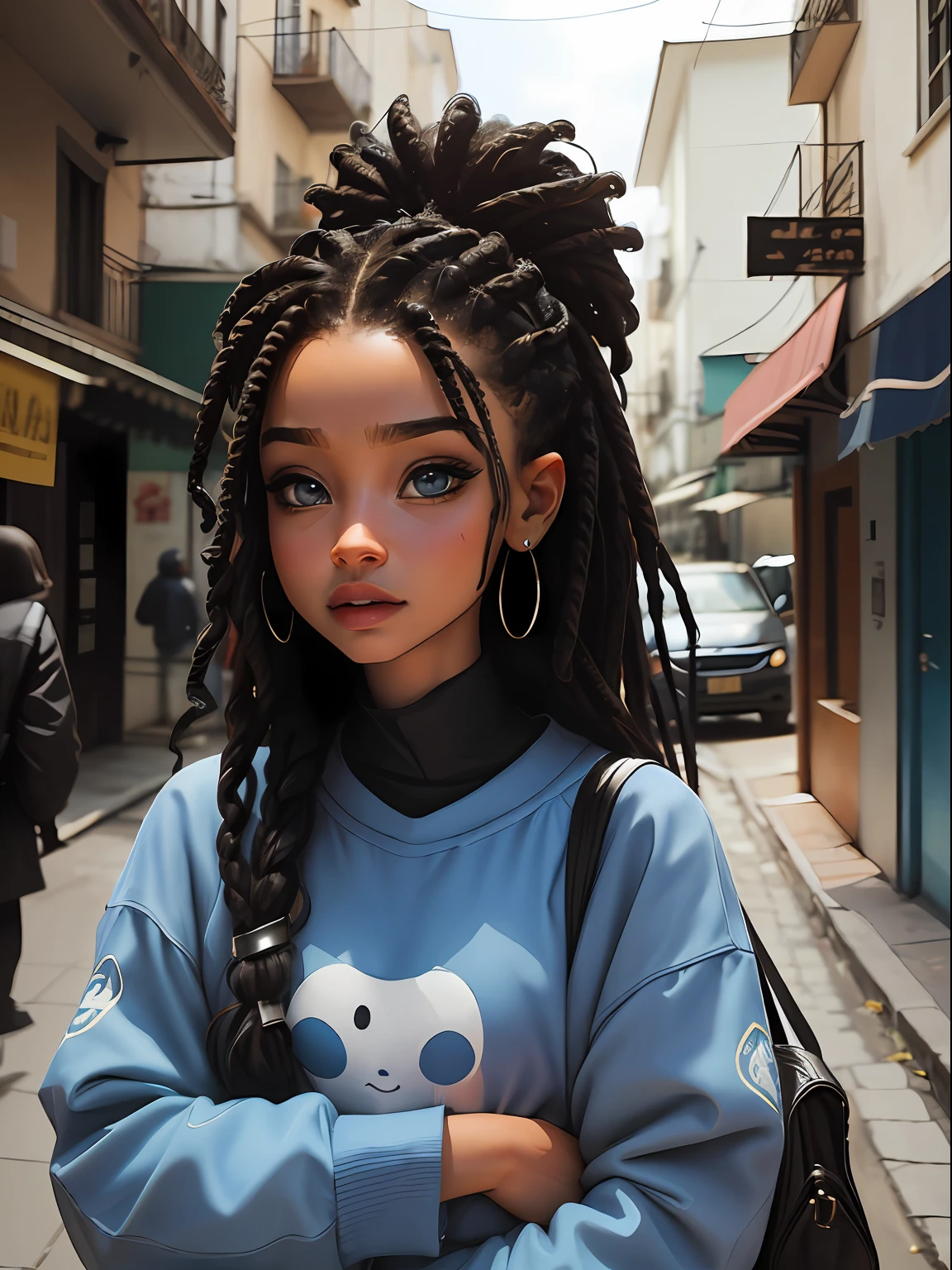 menina, bonita e fofa, street, dread's amarrados, Dark blue oculus, usando touca e roupas leves, babyface, estilo Chibi digital, cabelos bicolores e preto, azul e preto claro, olhos de detalhe perfeito, rosto delicado, CG perfeito, Qualidade de imagem HD, fundo simples