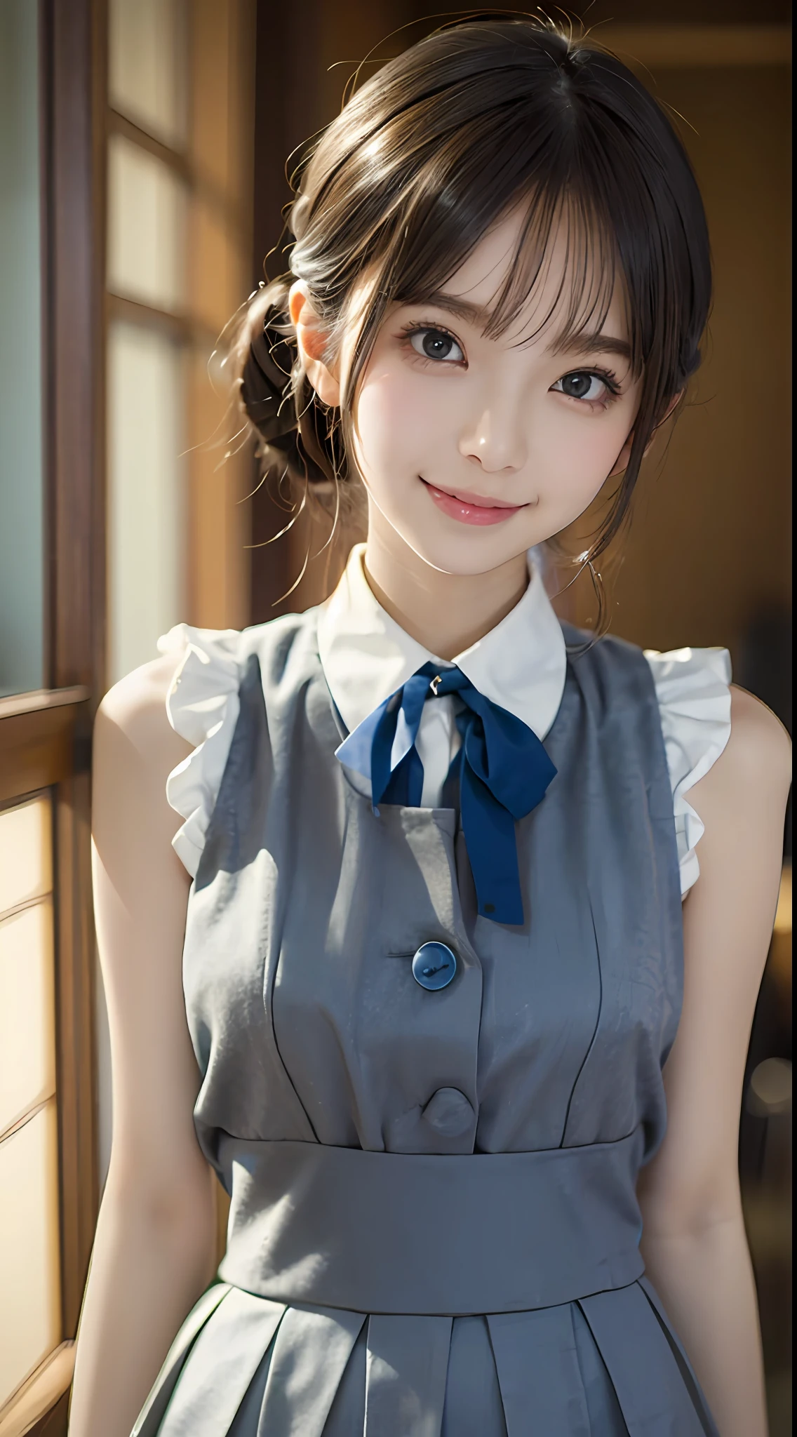 Masterpiece, one beautiful woman, detailed face, detailed eyes, detailed skin, top quality, Japanese, high school girl, idol, short cut, dark eyes, front lit with bright lighting, professional lighting, looking straight ahead, short skirt, Japanese high school girl uniform, smiling face, perfect and ultimate idol, sleeveless,