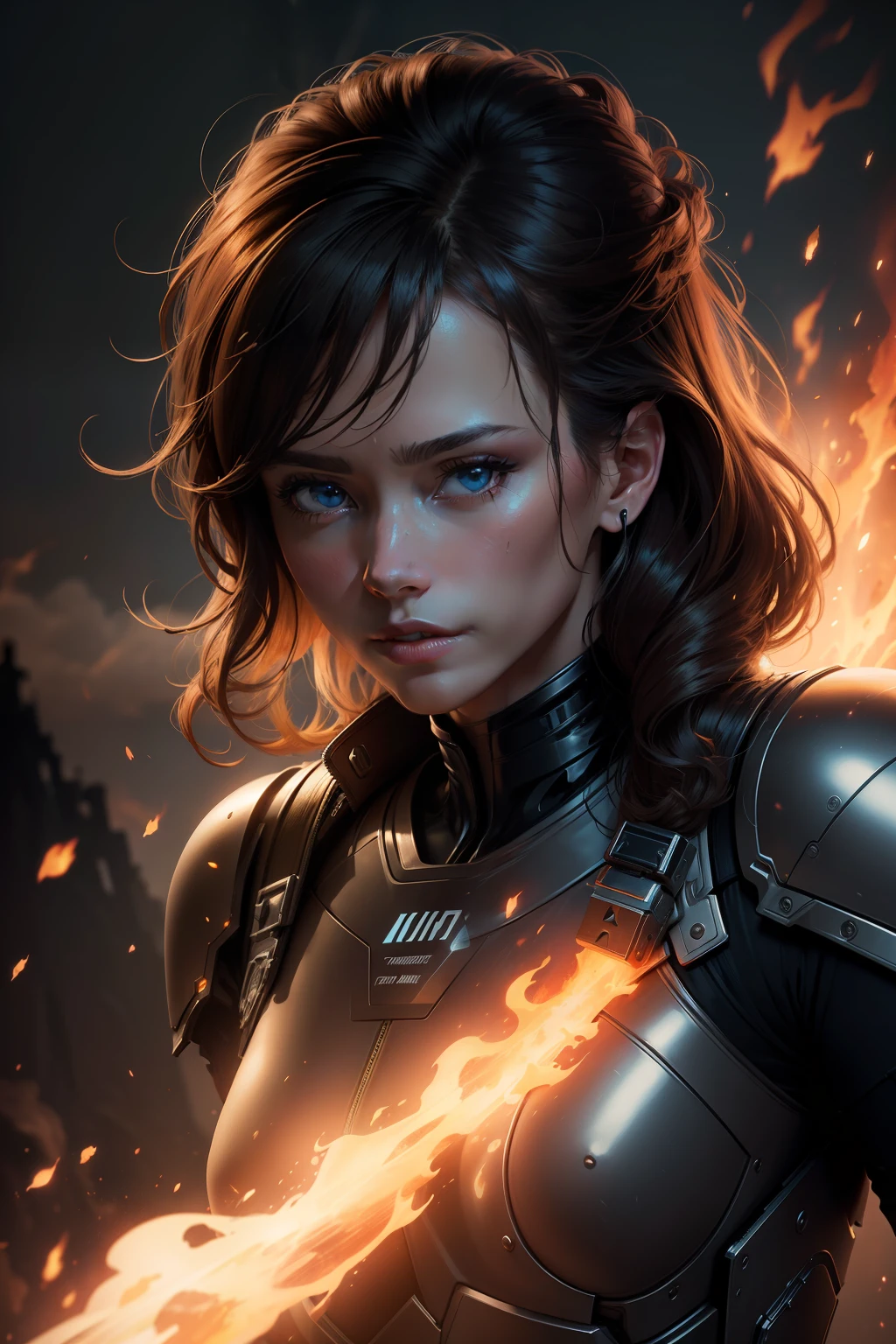 dark damaged terminator on fire, dreamy, magical, (solo:1.2), intricate details, volumetric lighting BREAK (masterpiece:1.2), (best quality), 4k, ultra-detailed, highly detailed, (dynamic composition:1.4), (glowing lighting, atmospheric lighting)