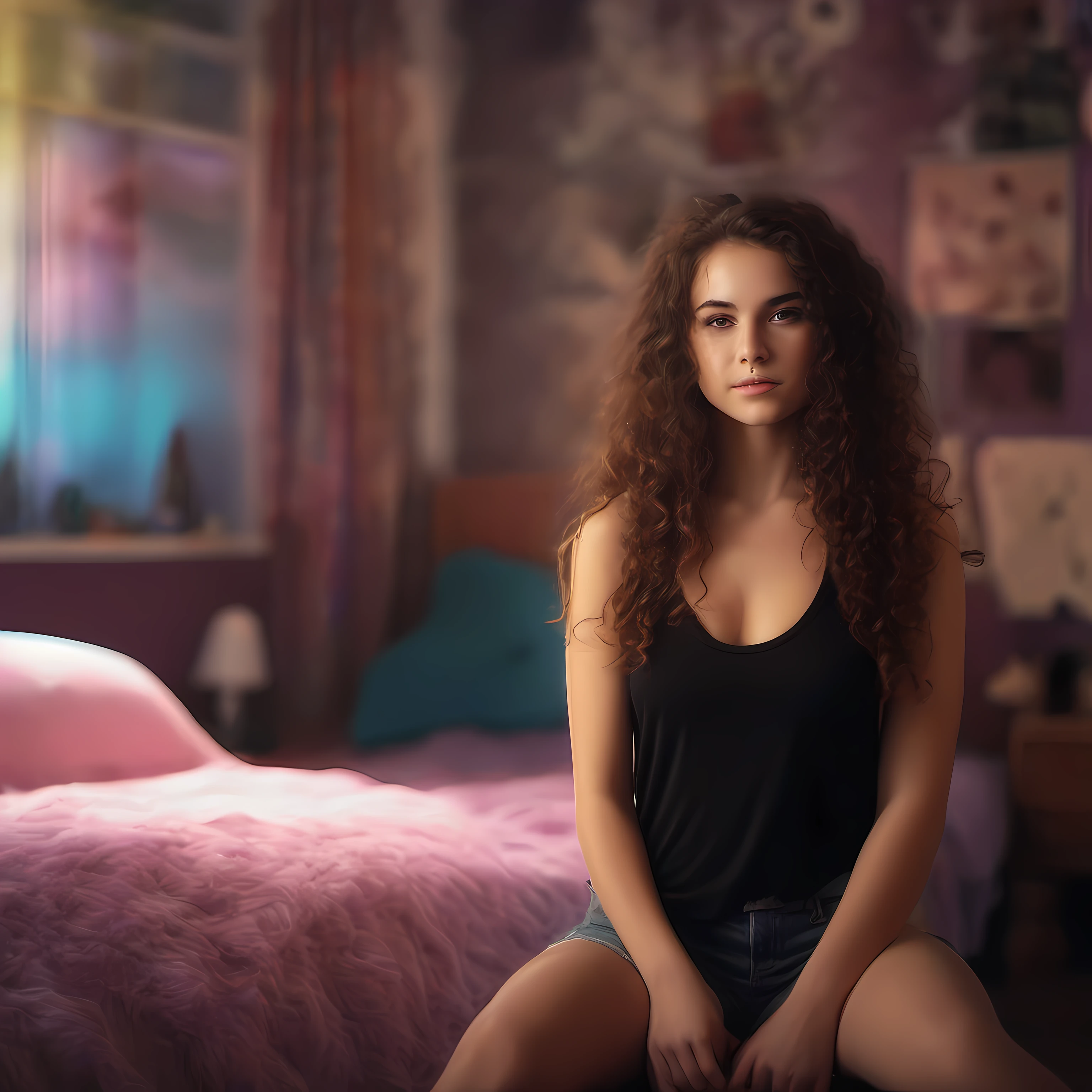 Brunette Girl: Young woman, looking at camera, long curly hair, wearing black tank top, teenage bedroom scene, cinematic quality, high definition, 16K, vibrant colors, lighting professional