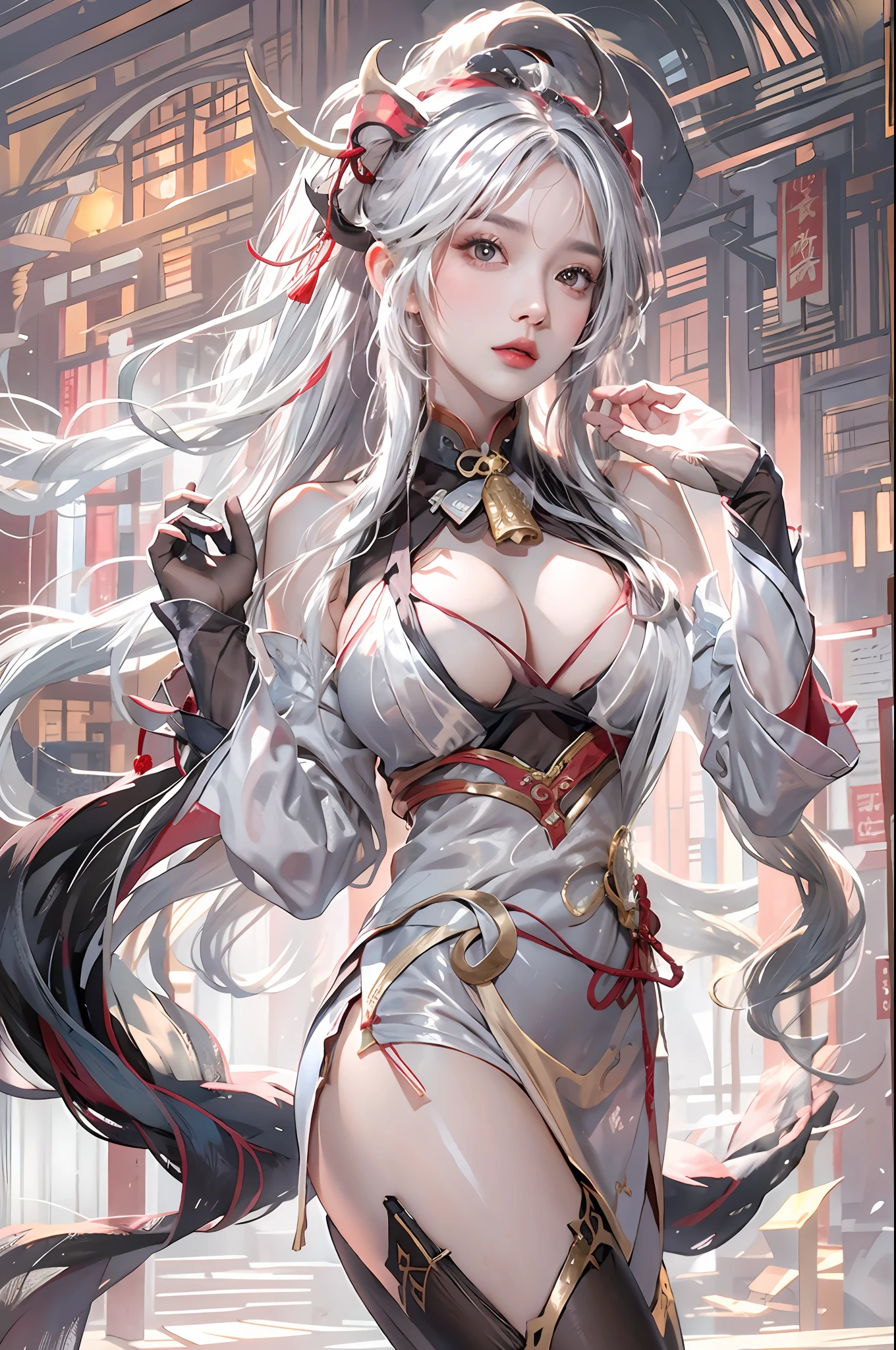photorealistic, high resolution, 1women, solo, hips up, look at viewer, (detailed face), narrow waist, closed lips, white hair, long hair,ganyu \(genshin impact\), bangs, bare shoulders, bell, black gloves, black pantyhose, blush, breasts, chinese knot, horn, detached sleeves, jewelry