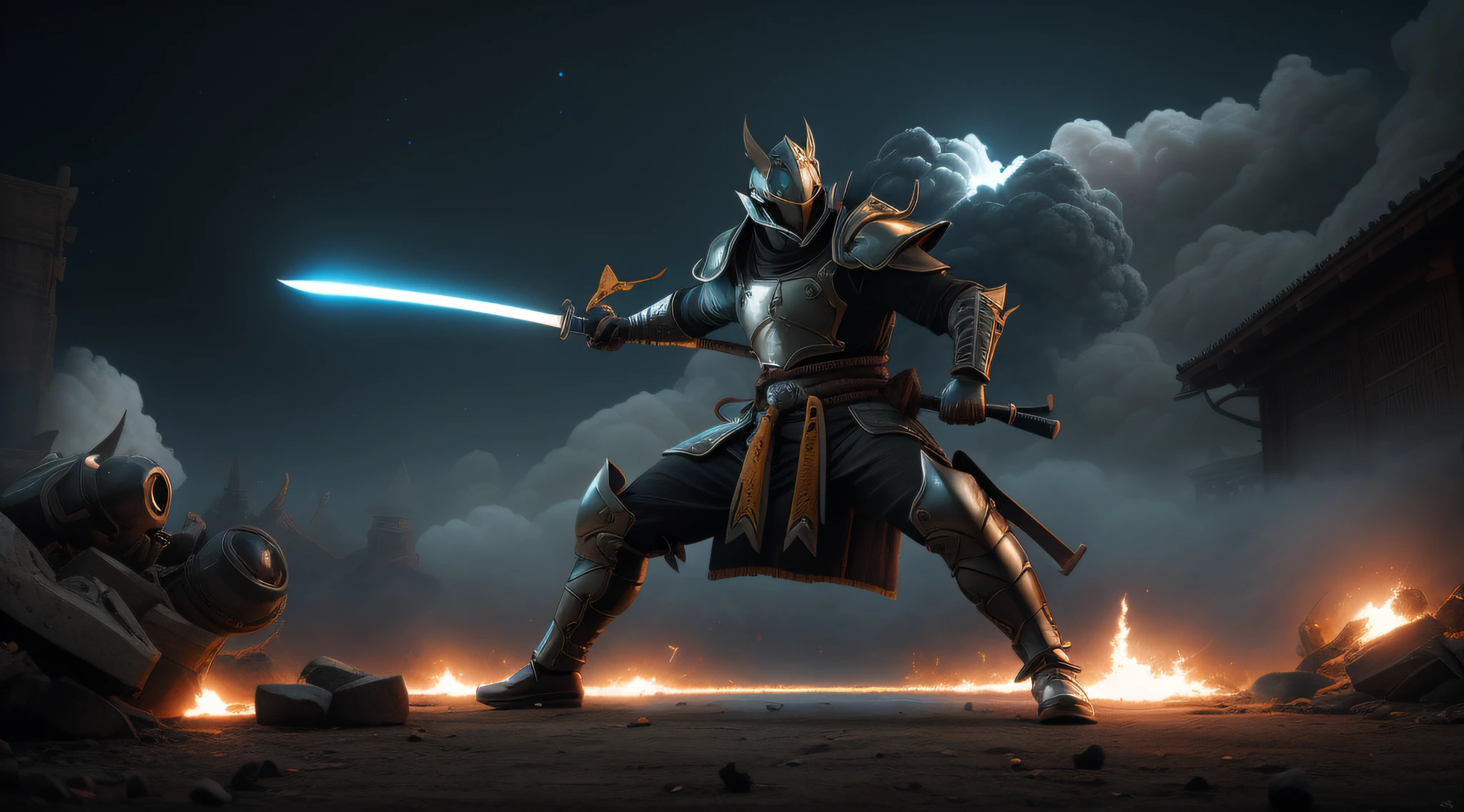 A samurai disguised as a deity in action and unleashing an attack on enemies with his mystical katana in a dark battle, armadura GALAXY de corpo inteiro, Plumes of black jet smoke, Charcoal, explosion of vibrant colors, sengoku period, incrivelmente detalhado, morbid, Escuro, Principais elementos visuais, Renascimento, volumetric light, Atmospheric, Estilo Greg Retkowski, ao estilo de Peter Mohrbacher, Altamente realista, Ultra Wide Epic Shooting, Motor Unreal 5