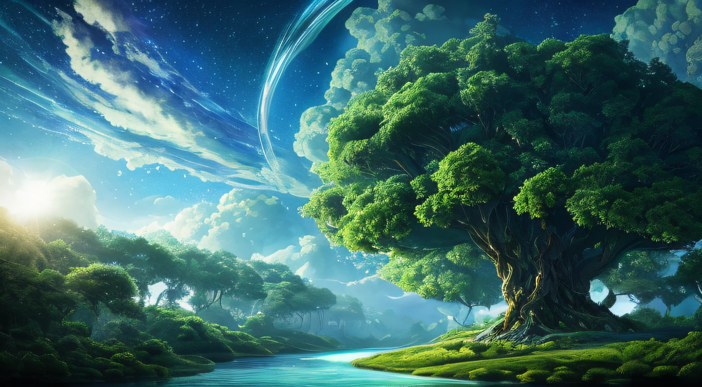 Illustration of a surreal, otherworldly, hyper sky scene including a giant crystal tree full body, highly detailed and magical lighting, intricate forest details, vegetation and surrounding river, solar punk, landscape, giant tree , beautiful green leaves, beautiful lighting and realistic proportions, as if this is a movie background, 8k, highest quality, masterpiece, clouds and stars in the sky.