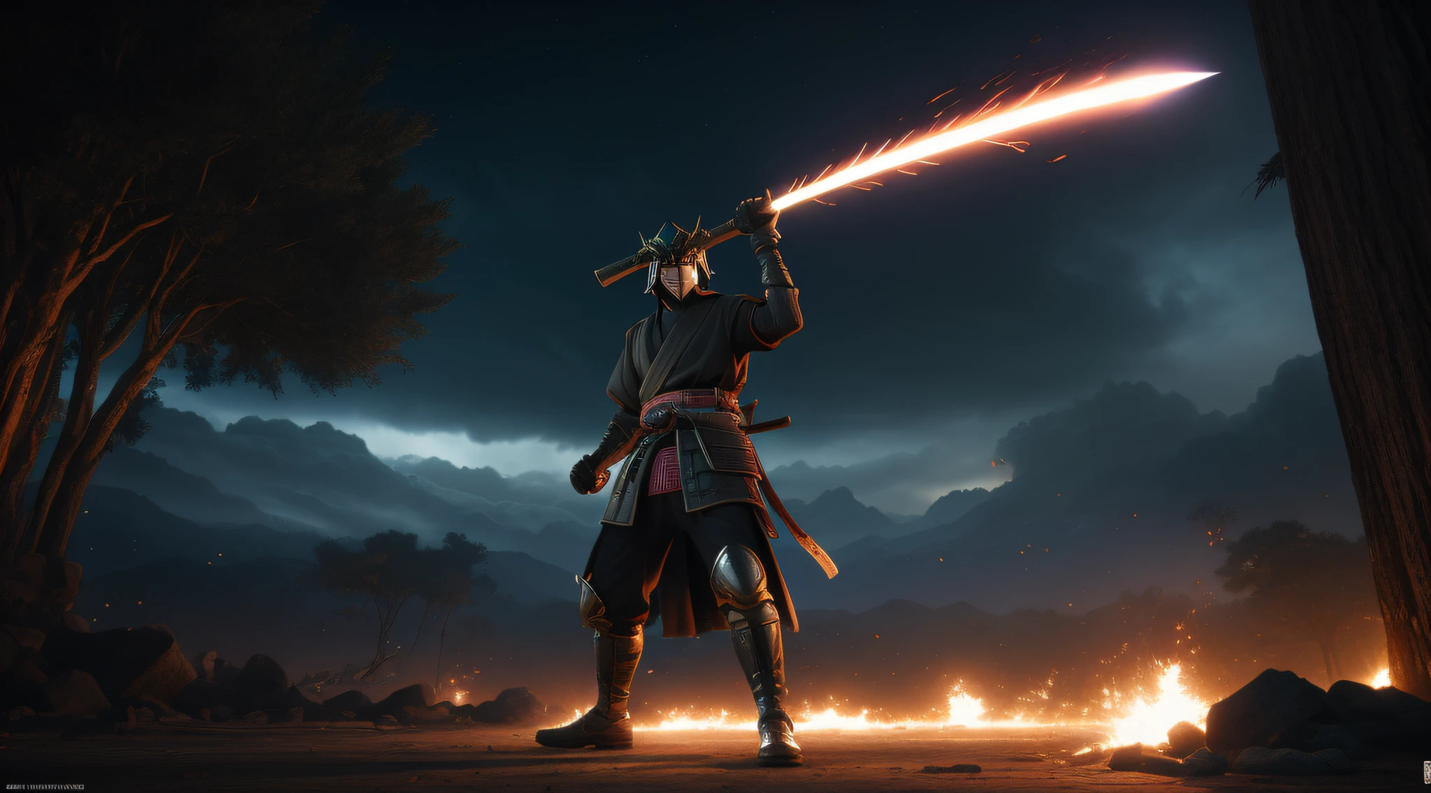 A samurai disguised as a deity in action and unleashing an attack on enemies with his mystical katana in a dark battle, armadura GALAXY de corpo inteiro, Plumes of black jet smoke, Charcoal, explosion of vibrant colors, sengoku period, incrivelmente detalhado, morbid, Escuro, Principais elementos visuais, Renascimento, volumetric light, Atmospheric, Estilo Greg Retkowski, ao estilo de Peter Mohrbacher, Altamente realista, Ultra Wide Epic Shooting, Motor Unreal 5