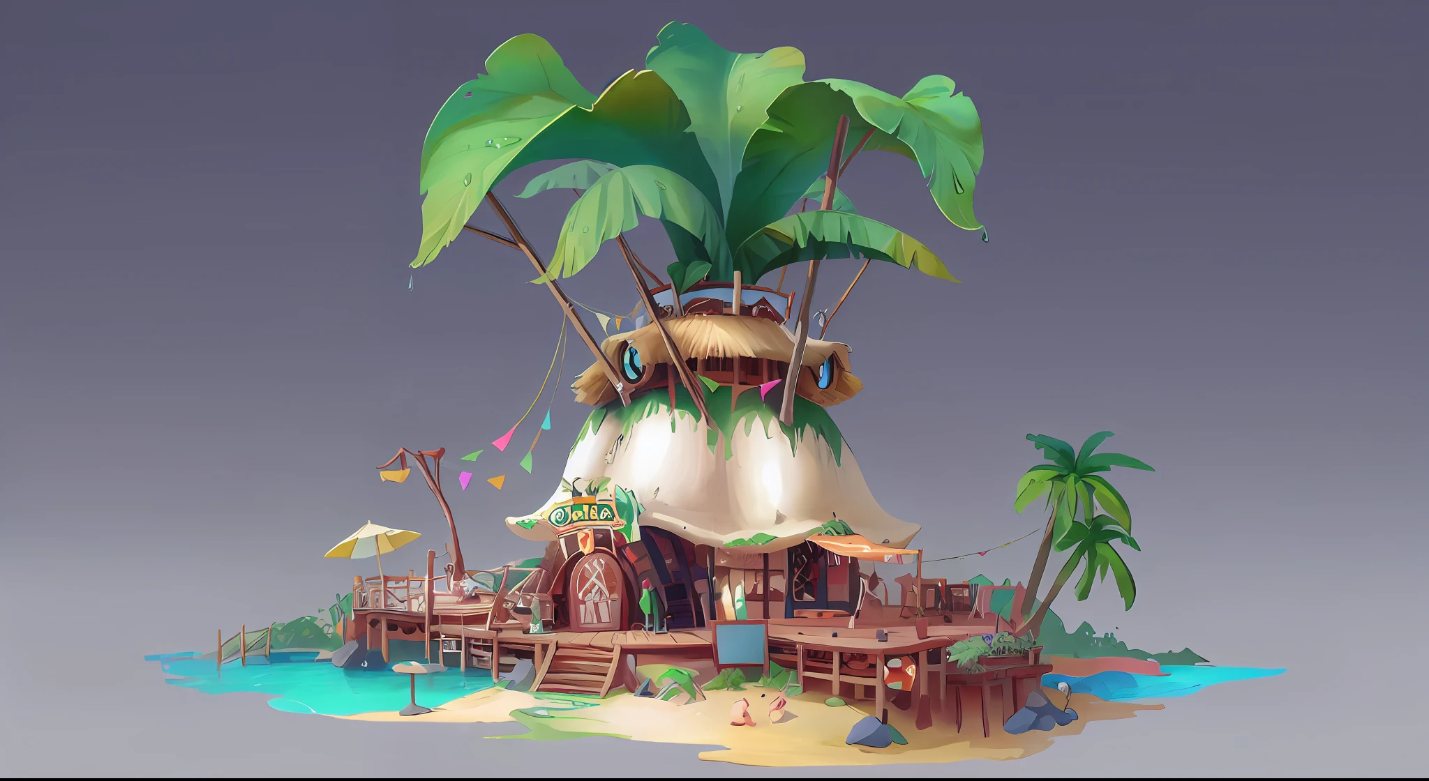 Arafeld Island,Beach hotel on the roof of Baker,There are huts and palm trees on the beach, Stylized concept art, 3 d render stylized, painted as a game concept art, environment design illustration, Stylized game art, concept art style, stylized 3d render, concept art illustration, concept art design illustration, Stylized digital illustration, concept art highly detailed