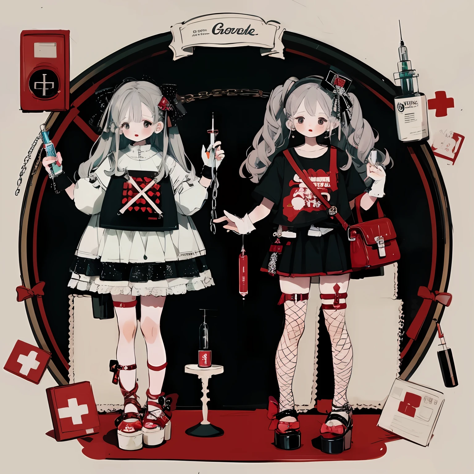 leg loops,leg holsters,mitts,very intricate,Exquisite,Complex hairstyles,Wide T-shirt,pleatedskirt,Bow knot,bandagens,Huge syringe,pill,Red Cross,Y2K,E-girls,Emotional,non-mainstream,Gray hair,Love decoration,subculture,Sick,bloods,laughingly,Avant-garde and innovative clothing design,fishnet stockings,chain,rivet,platform footwear,leg holsters,thongs