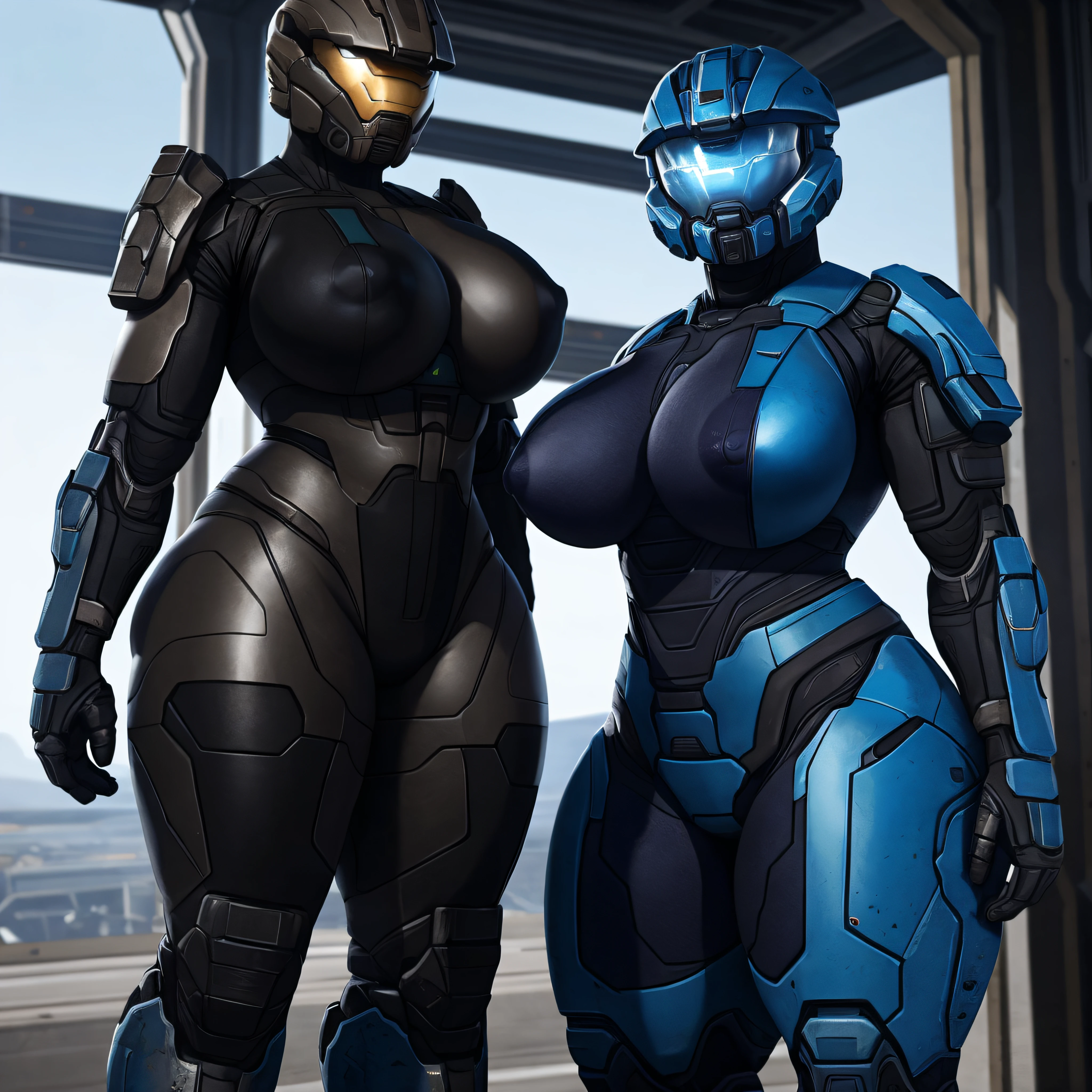 1girl, spartan halo, big breasts, wide hips, high res, high resolution, thick thighs, realistic, raw photo, thick thighs, body suit, sexy pose, nipple outline, duo, size difference