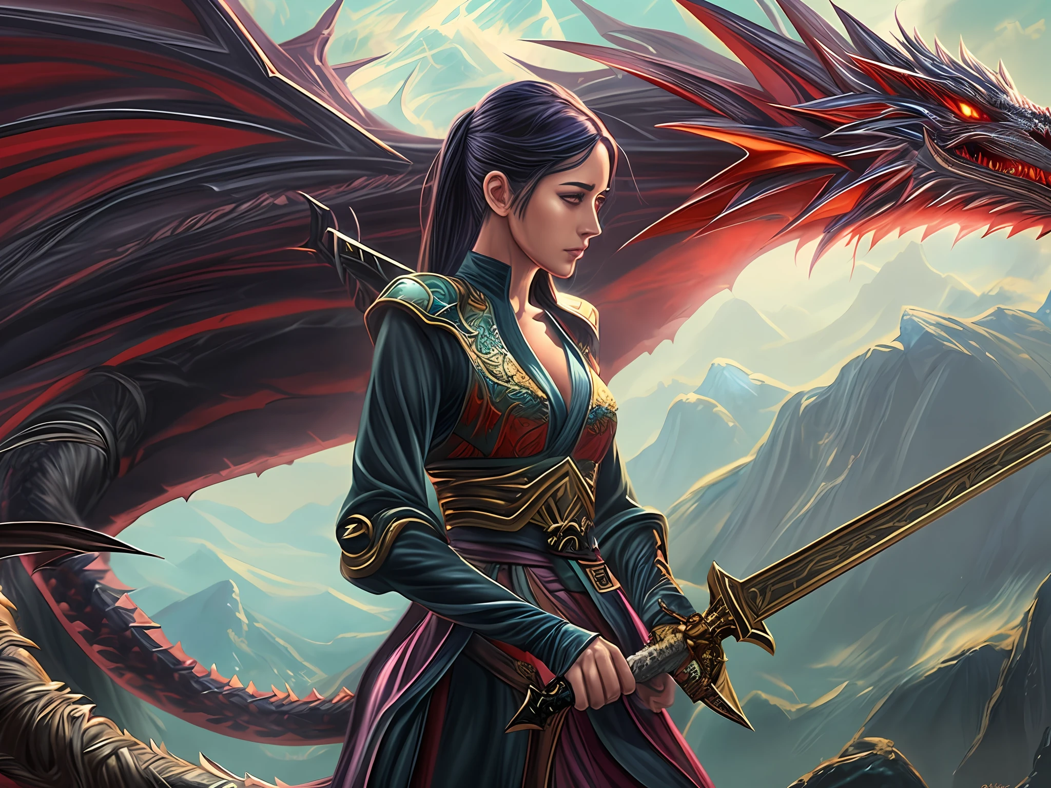 there is a woman holding a sword and a dragon in the background, 4k fantasy art, epic fantasy digital art style, graphic artist magali villeneuve, 8k fantasy art, epic fantasy art style, epic fantasy art style hd, epic fantasy style art, realistic fantasy artwork, alena aenami and artgerm, high quality fantasy art, detailed fantasy art