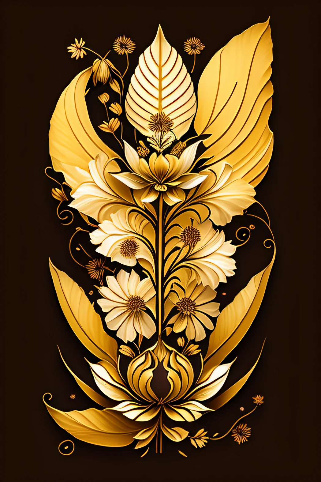 um close up de uma planta com folhas e flores em um fundo preto, flores de ouro, ouro detalhado trabalho de linha, papel de parede do telefone. intrincado, Art Nouveau alien botanists, intrincado ouro linework, inspirado em Petros Afshar, Flores douradas, art deco flower shaman, Intricate Art Deco sheet designs, vetor behance hd jesper ejsing, gengibre. Arte Nova