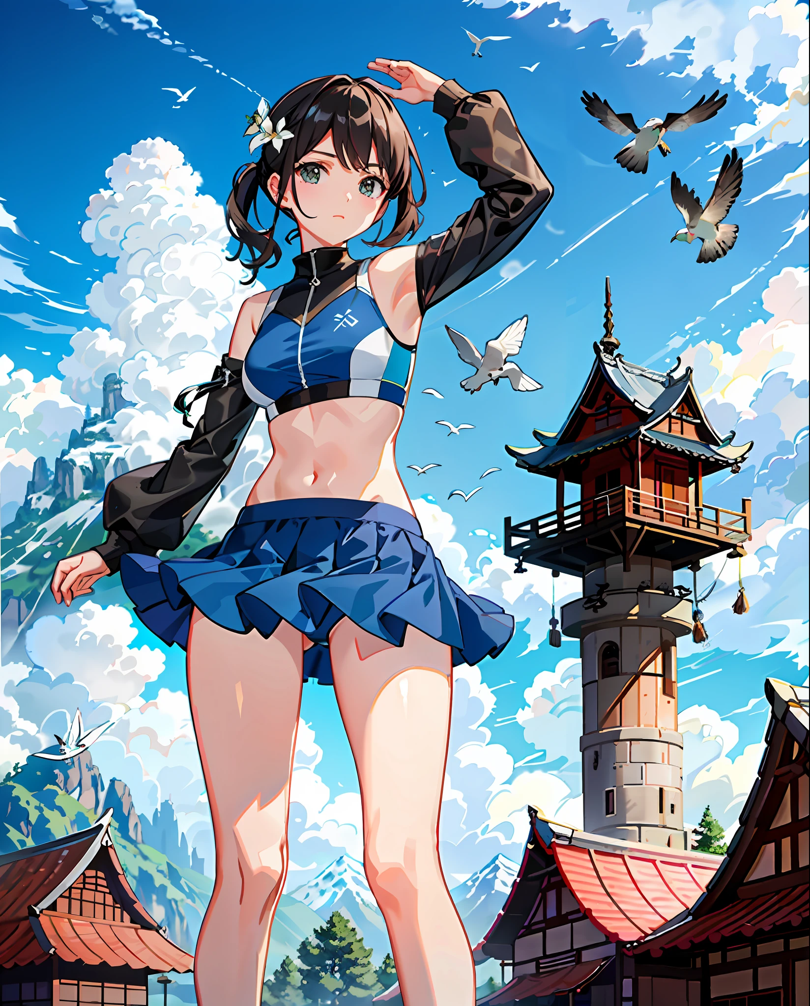 Water Mobihim, Girl, Sports Bra, Miniskirt, Miniskirt, (ecchi0.7), (Tree: 0.2), (Flowers: 0.3), (Bird: 0.5), Mountain, House in background, Wuchang Shuo, Wu Changshuo in background