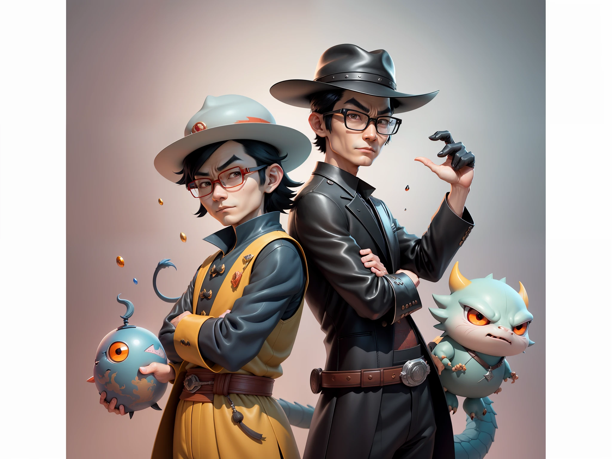 Young man with oriental face in leather hat, dragon, formal suit, short black hair, silver glasses, digital painting, 3D character design by Mark Clairedon and Pixar and Hayao Miyazaki and Akira Toriyama, the illustration is a high-definition illustration in 4K resolution with very detailed facial features and cartoon-style visuals.