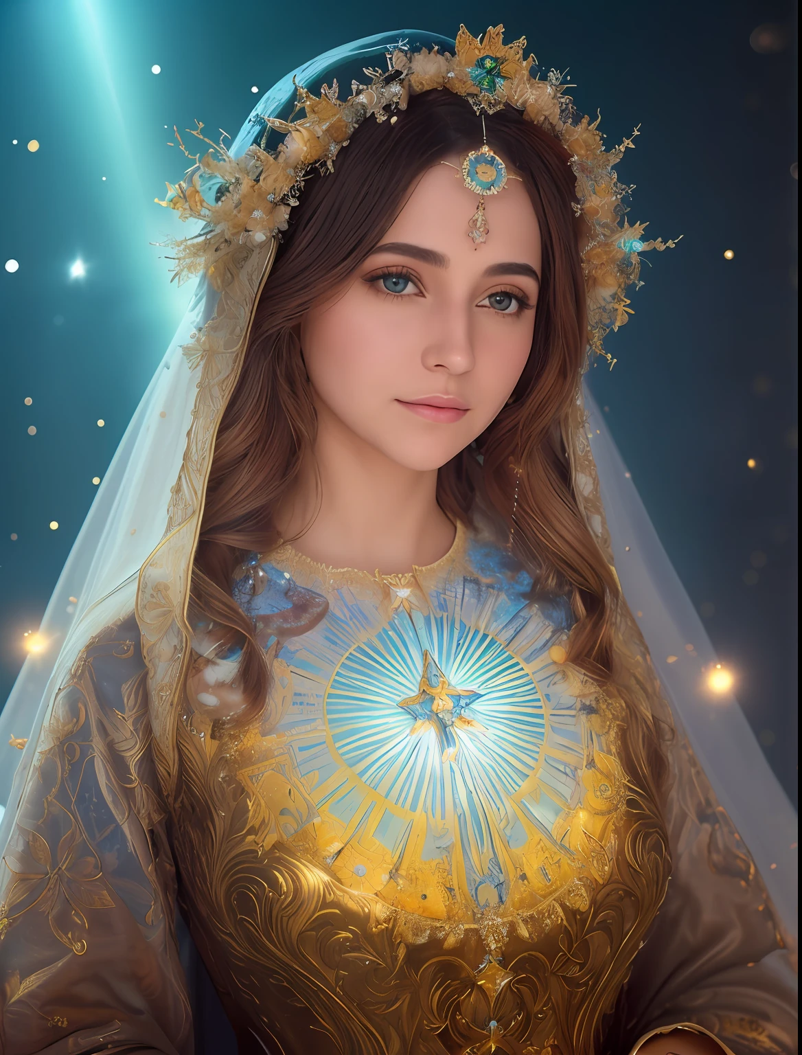 A woman in a gold dress with a blue crown and a star - SeaArt AI